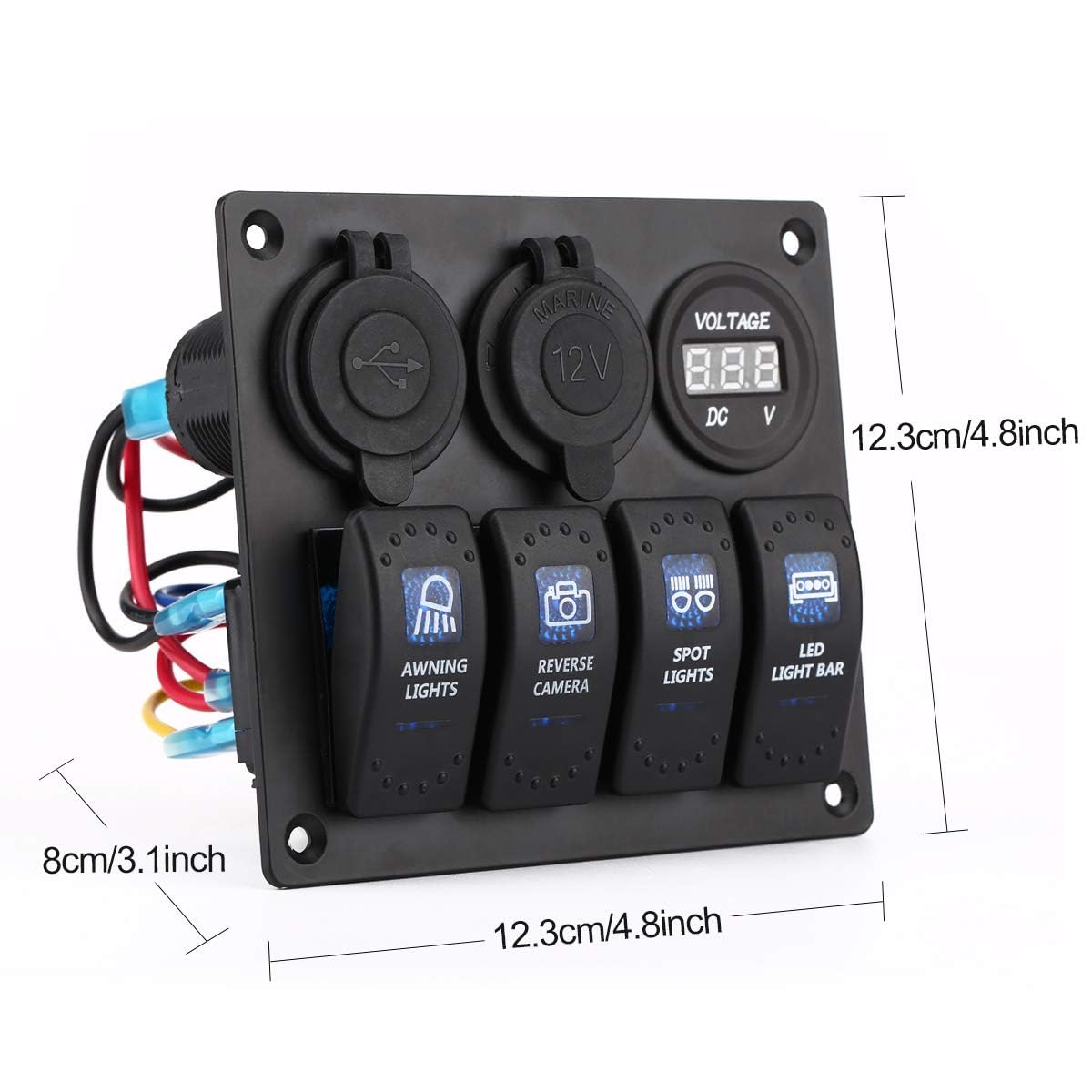 Garfour 2 Pieces Waterproof Boat Rocker Switch Panel Aluminium Panel With 12V Voltmeter 3.1A Dual Usb Cigarette Lighter Socket 4