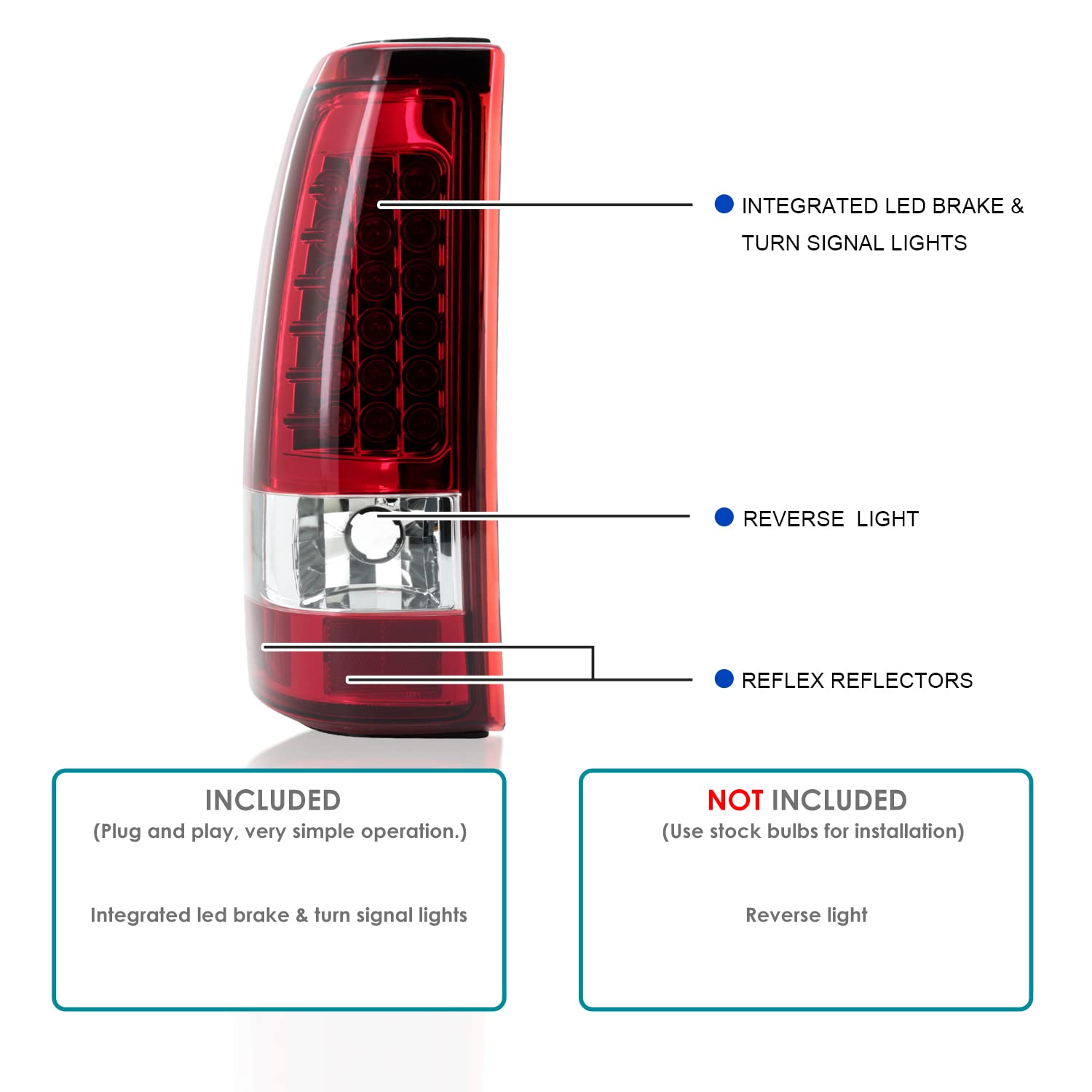 Spec-D Tuning Red Clear Lens LED Tail Lights Compatible with 1999-2002 Chevy Silverado 1500/1500HD/2500/2500HD, Sierra Models Left + Right Pair Assembly