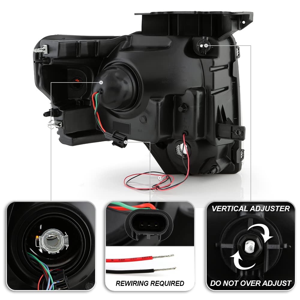 Acanii - Replacement For [Halogen Model] 2009-2014 Ford F150 Pickup Black Raptor Style Led Tube Projector Headlights Pair Left+R