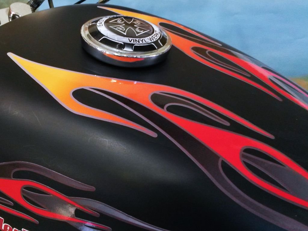 Flame Decals For Harley Davidson Sportster & All Motorcycles - No. 7 Layered Flames - Tangerine/Cherry Red/Smoke - 7Pc. Set