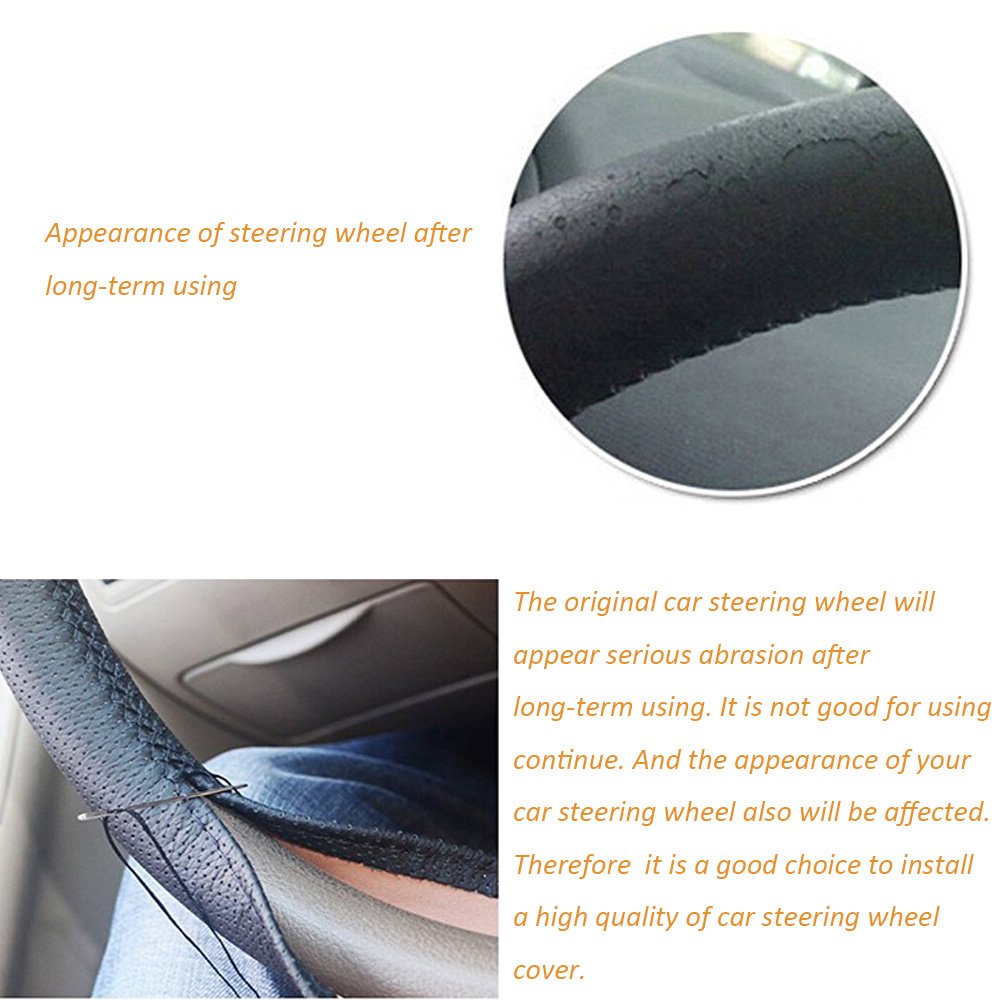 Onerbuy Universal Leather Car Steering Wheel Stitch On Wrap Cover Diy Sewing Breathable And Anti Slip, Maximum For 15-Inch Diame