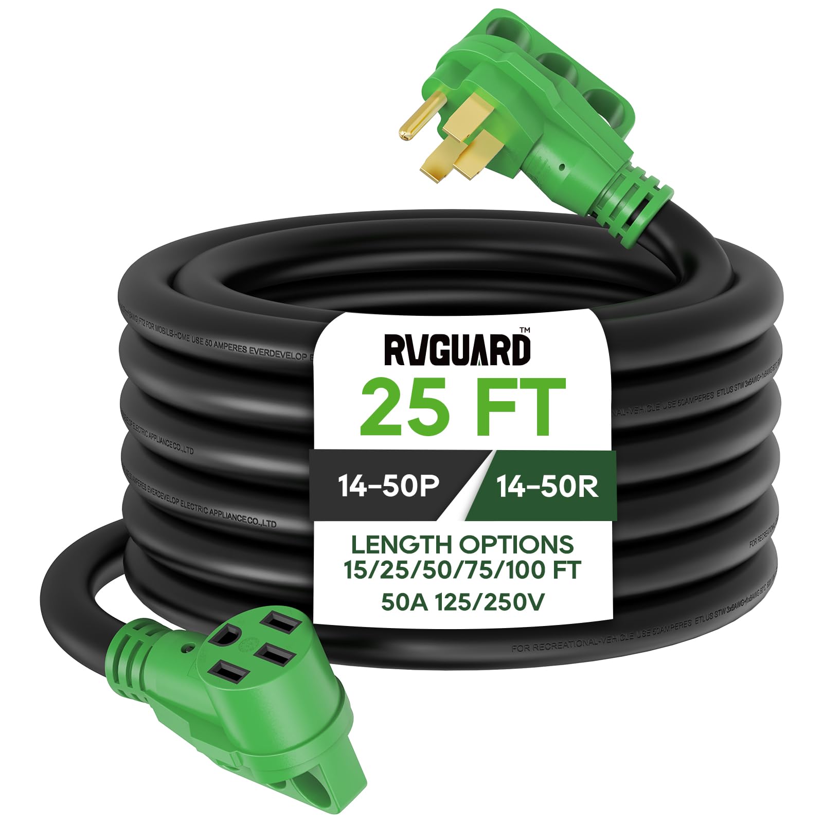 Rvguard 50 Amp 25 Foot Rv/Ev Extension Cord, Nema 14-50P/R Heavy Duty Extension Cord With Led Power Indicator And Cord Organizer