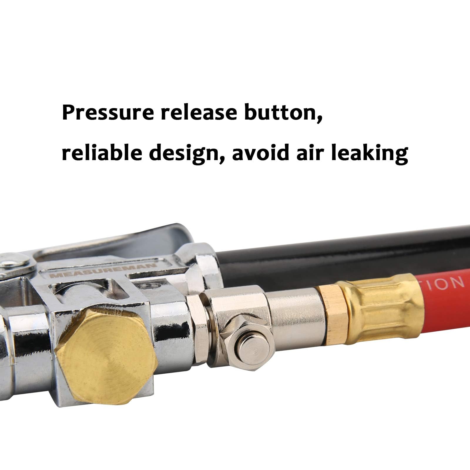 Measureman Heavy Duty Bayonet Style Tire Inflator, Aluminum Body, 20'' Red Hose, Clip On Air Chuck, Aluminum Slide, Range 10-130