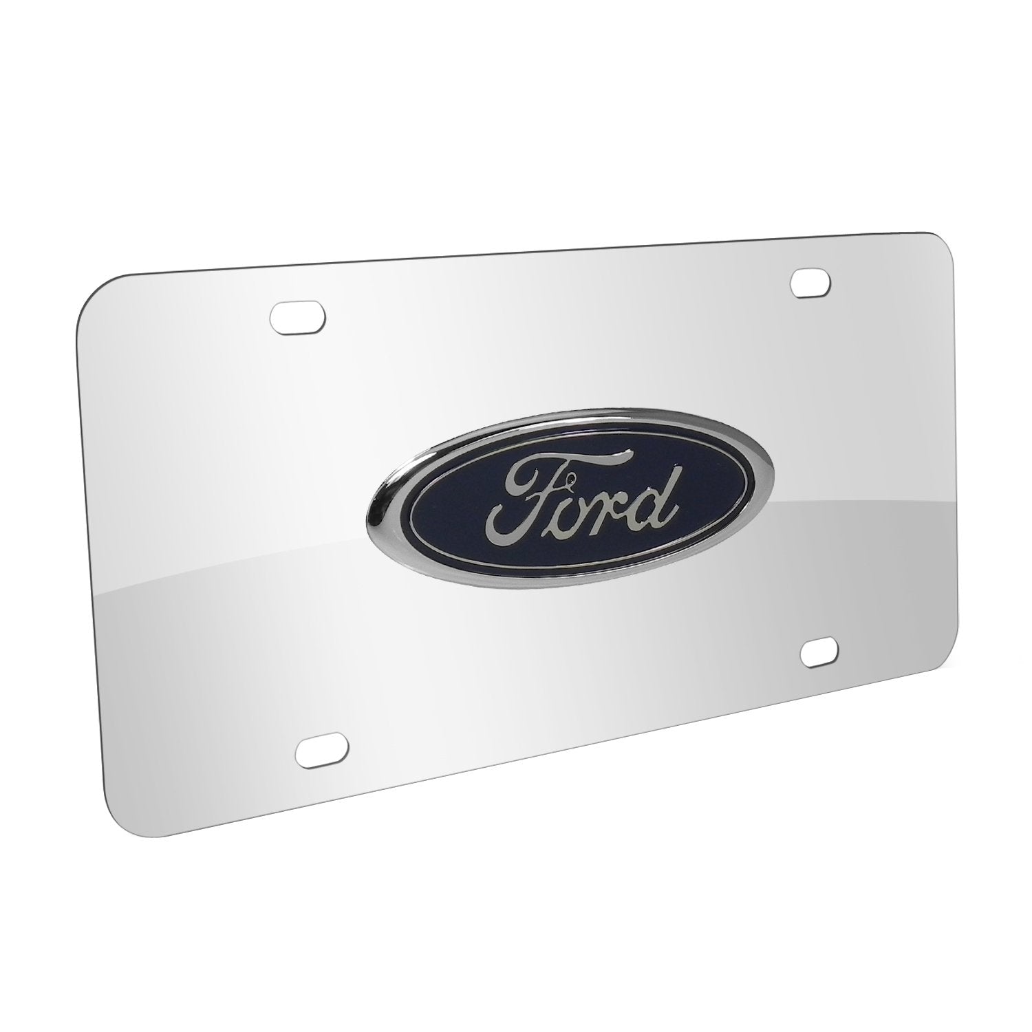 Ford Blue Logo On Chrome Steel License Plate