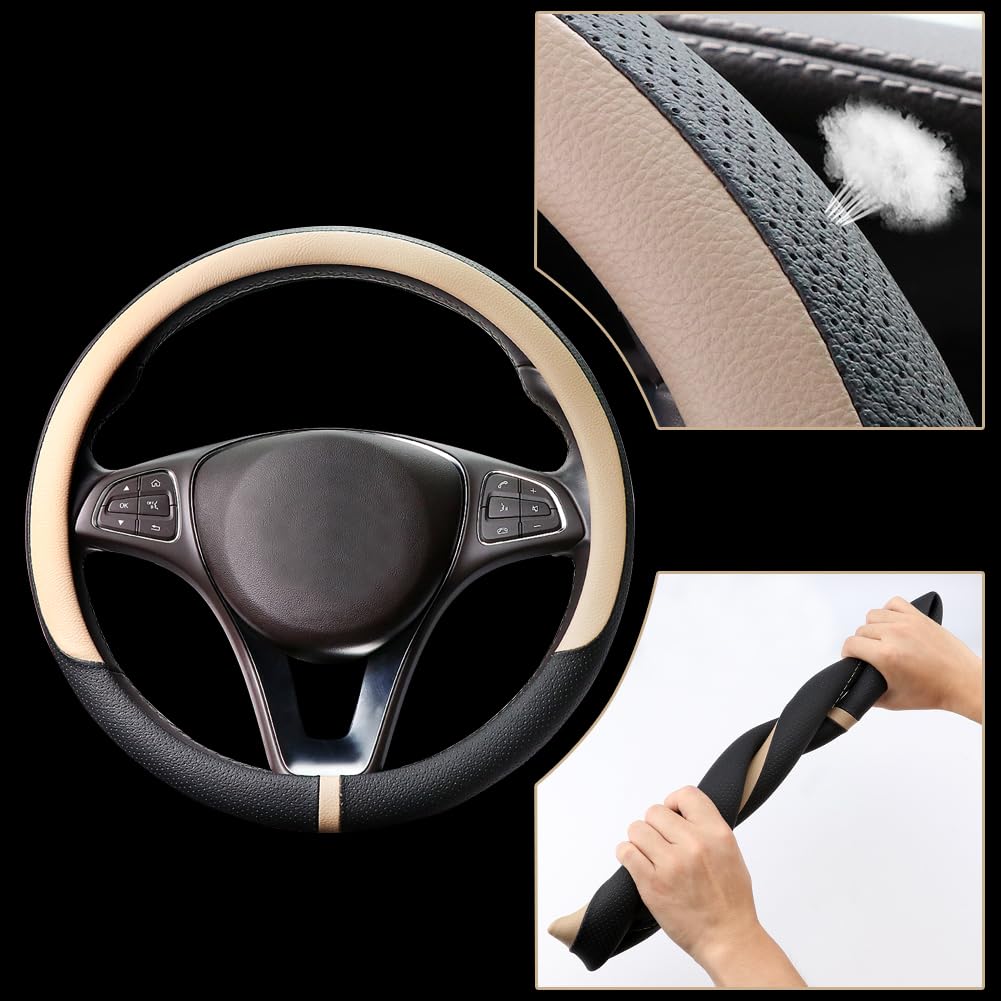 Cofit Breathable Car Steering Wheel Cover Leather Auto Universal 15 Inch Non-Slip Wrap Protection, Beige (Suit For 14 1/2-15 Inc