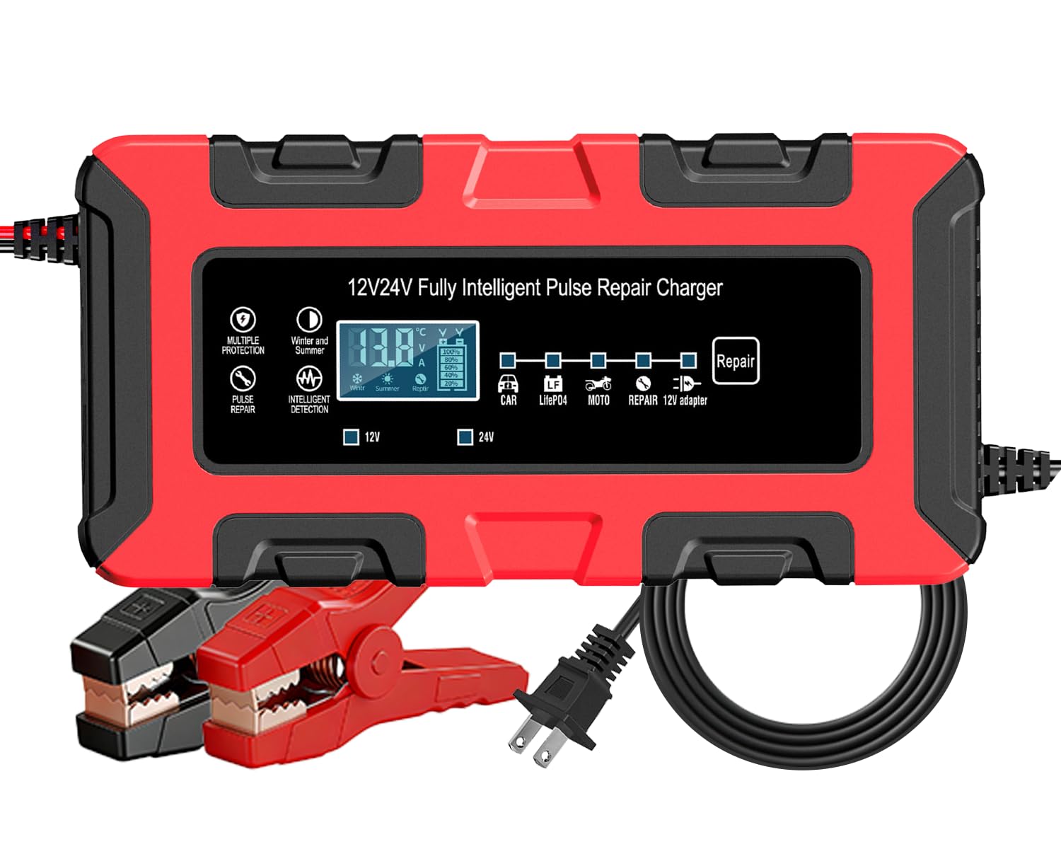 12V/24V Smart Car Battery Charger, 10Amp Maintainer & Trickle Charger, Desulfator w/Temp Compensation, Overcharge Protection for