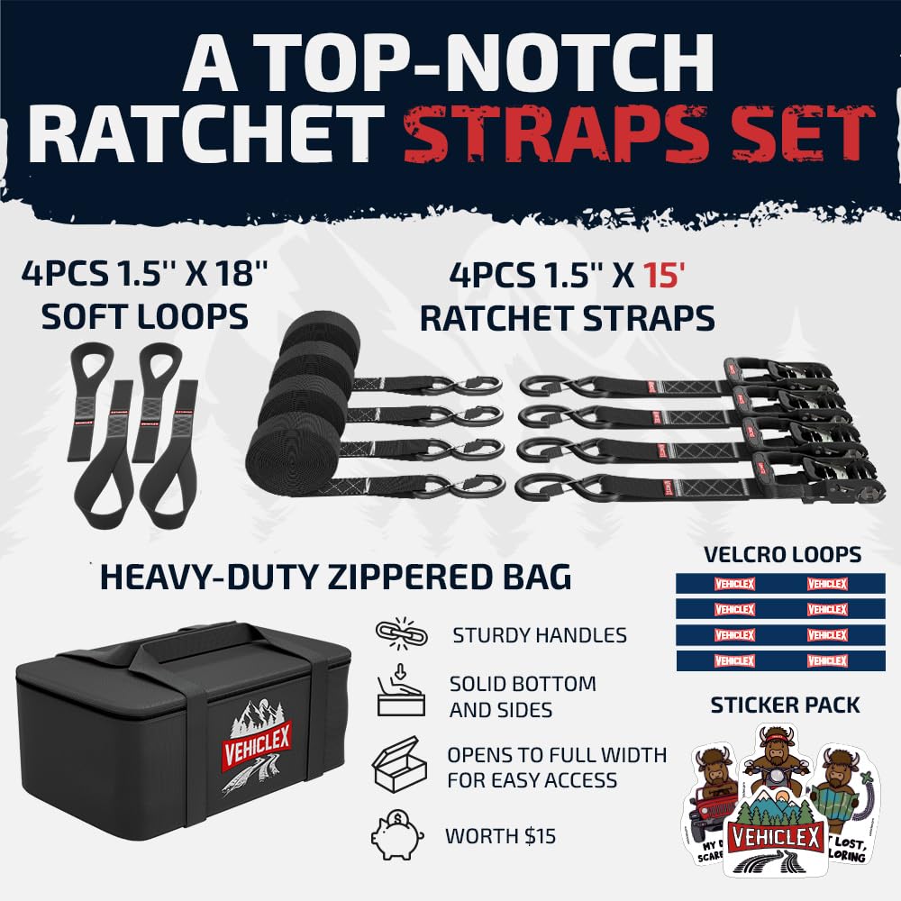 Motorcycle Ratchet Tie Down Straps With Soft Loops - Vehiclex 4Pk Heavy Duty 1.5'' X 15Ft Kit, 4,400 Lb Breaking Strength For Po