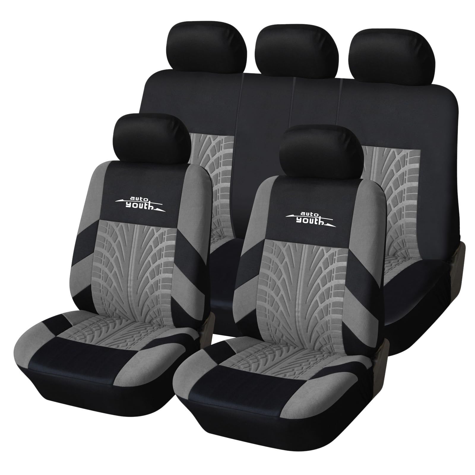 AUTOYOUTH Grey Car Seat Covers Full Set, Front Bucket Seat Covers with Split Bench Car Seat Cover Set for Women Full Set Seat Pr