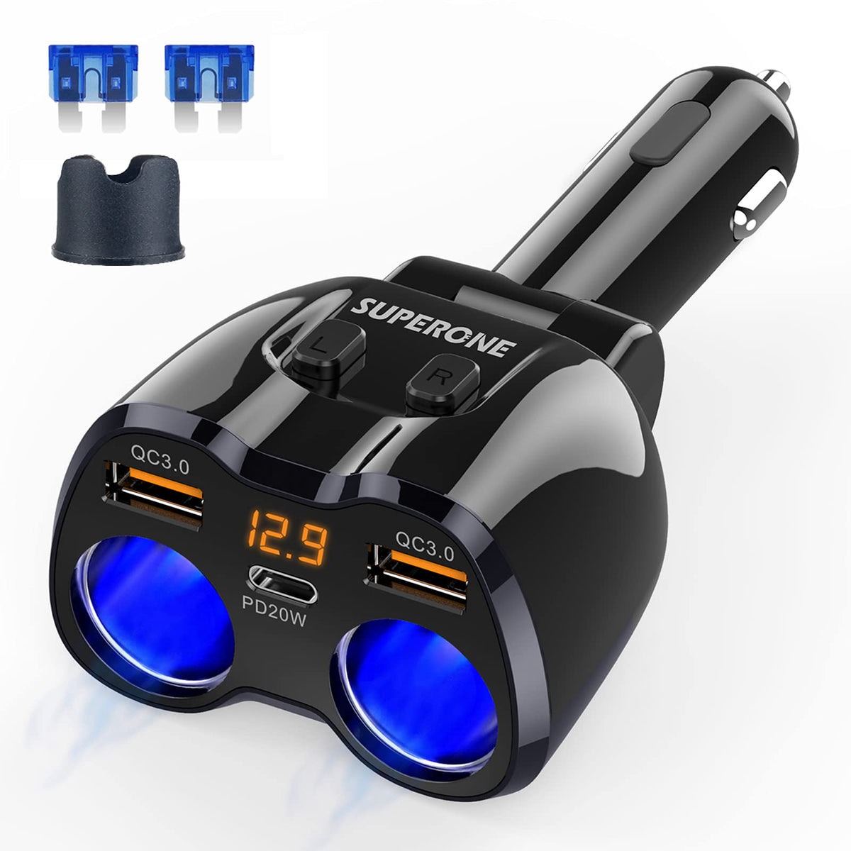 [2023 Upgraded] Cigarette Lighter Splitter, SUPERONE 180W 2-Socket Cigarette Lighter Adapter with Dual QC3.0 and 20W PD USB C Ca