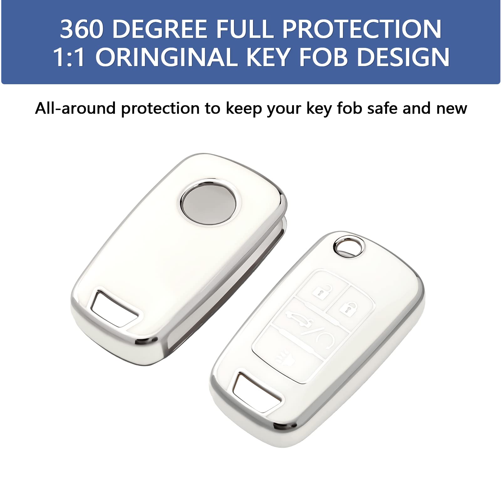 Offcurve For Chevy Key Fob Cover With Keychain, Car Key Case Fit For Chevrolet Chevy Gmc Buick Encore Terrain Malibu Camaro Cruze Impala Equinox Volt Spark Sonic Car Smart Key Accessories, White