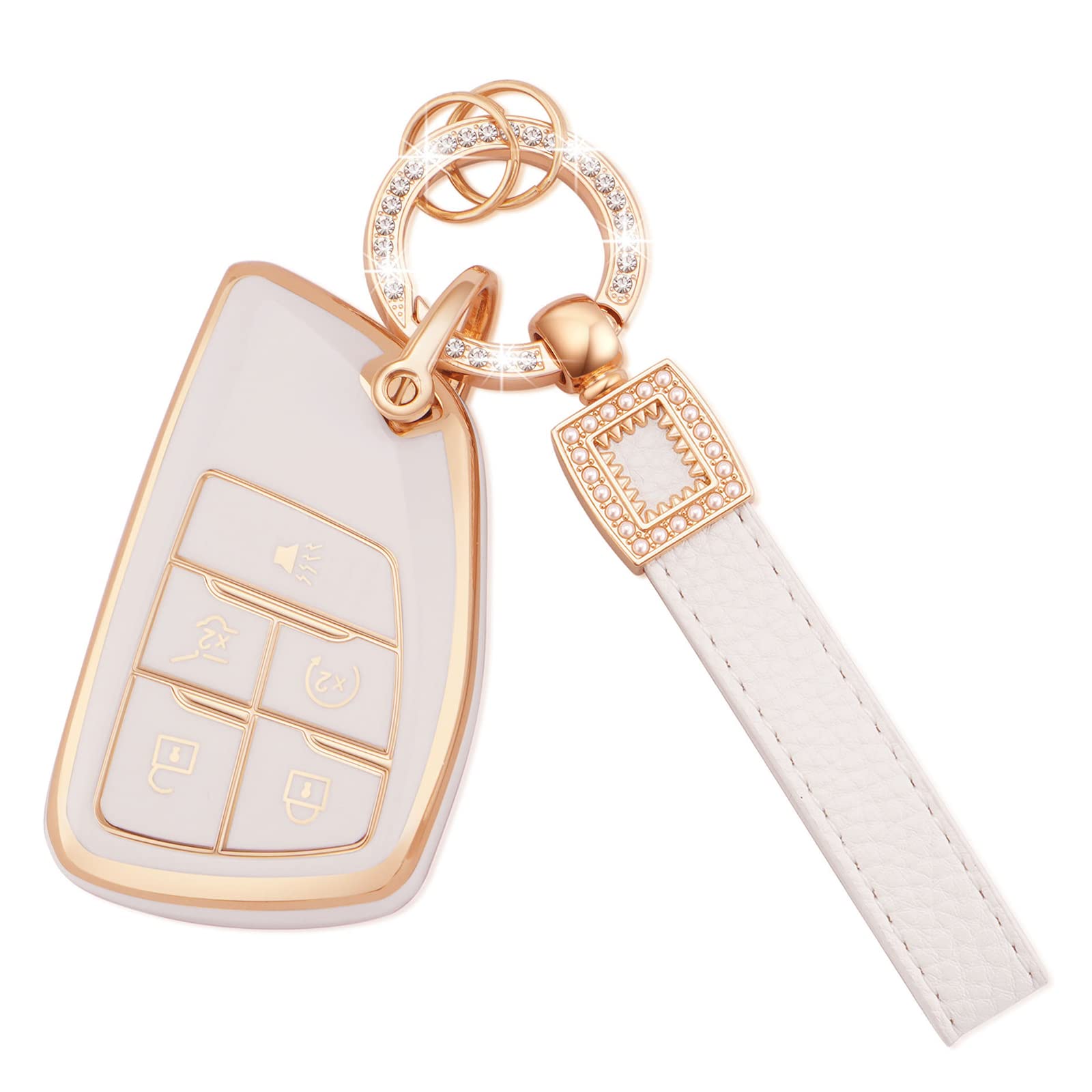 EKALA for GMC Key Fob Cover with Leather Key Fob Keychain, 5 Buttons Soft TPU Key Shell Case Compatible with 2021 2022 2023 GMC 