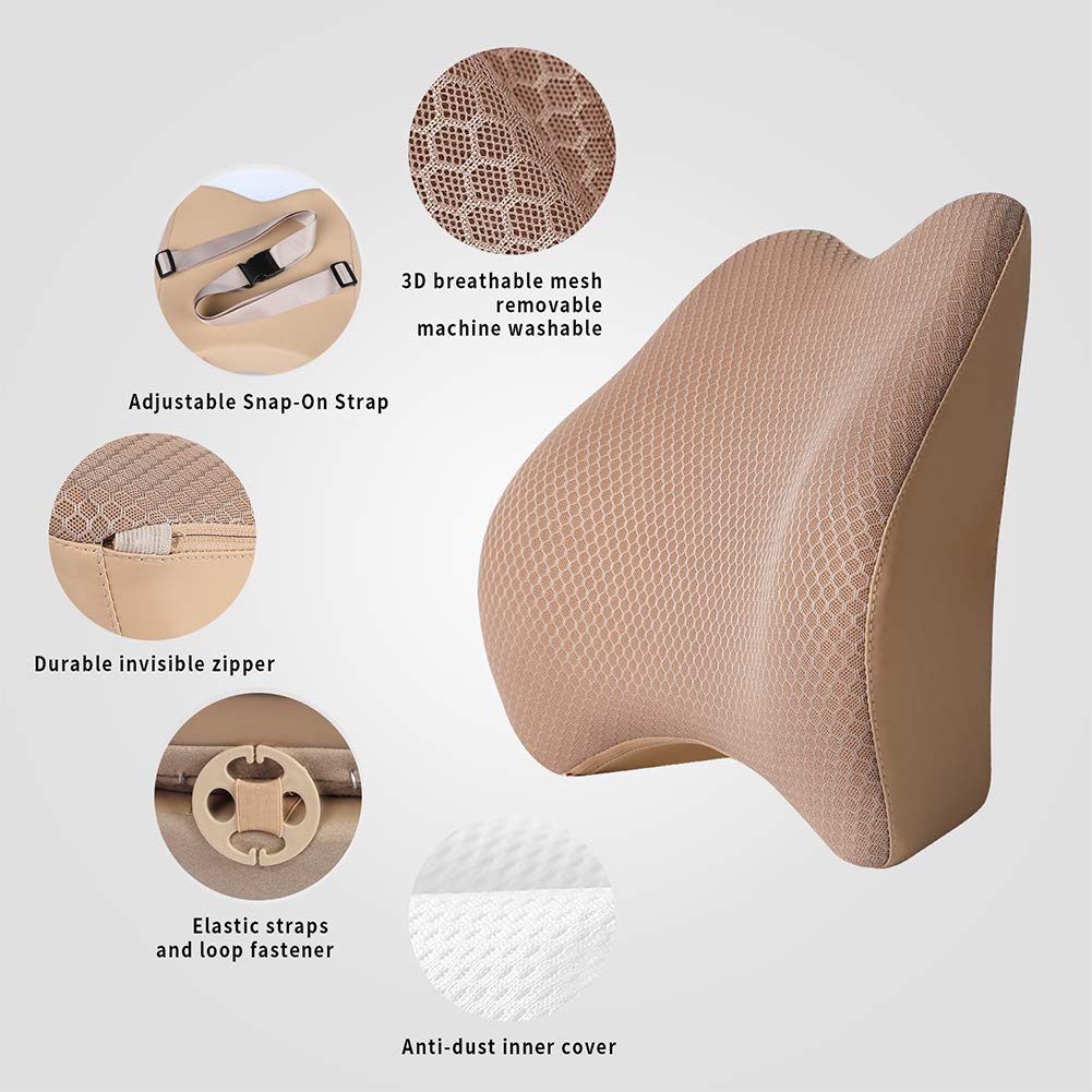 Tishijie Memory Foam Lumbar Support Pillow For Car - Back Support For Car Seat (Beige)
