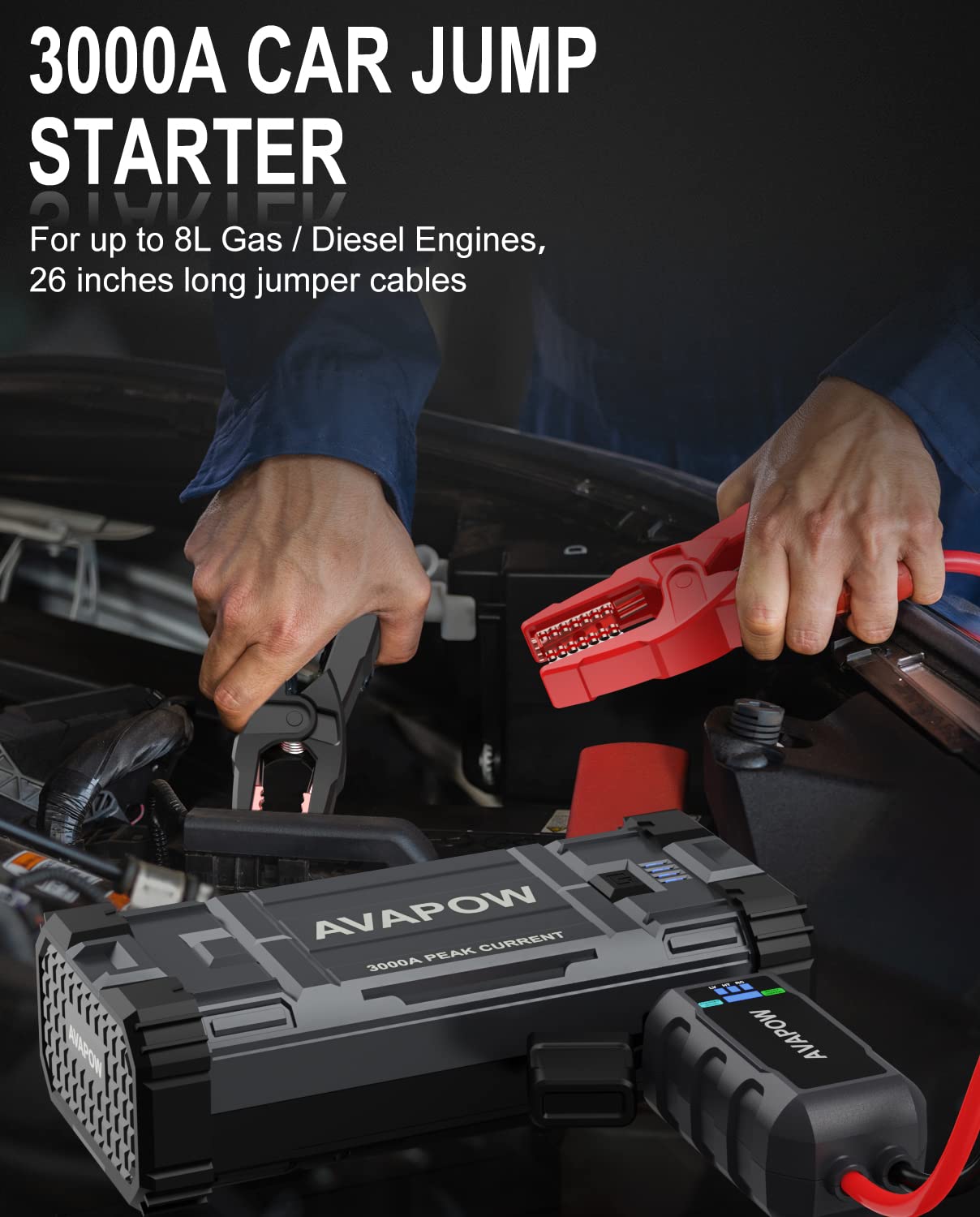 Avapow Car Battery Jump Starter 3000A Peak, Jumpstart With Force Start Function, Portable Starters For Up To 8L Gas 8L Diesel En