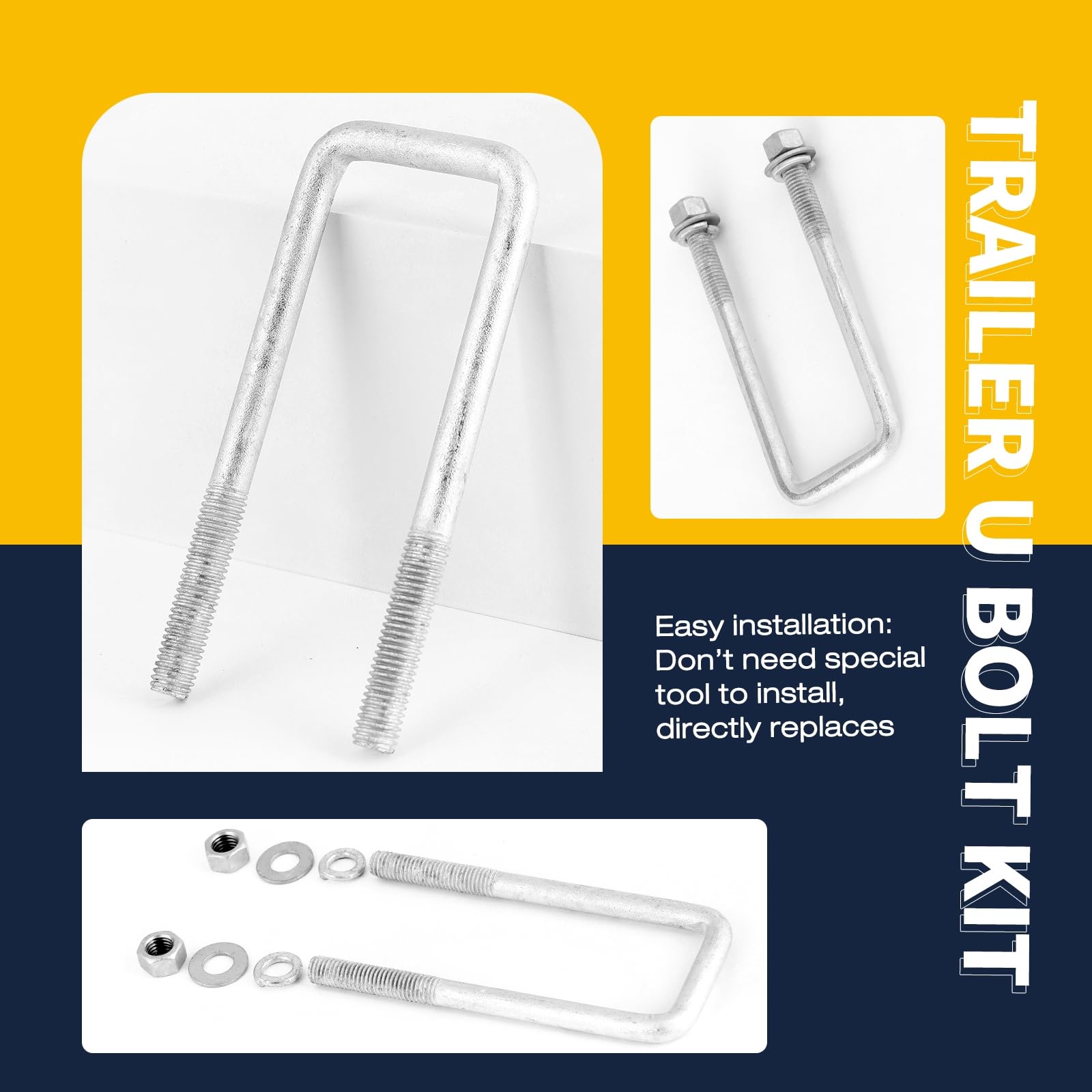 Hot-dip Galvanized Zinc Square U Bolt Kit for Boat Trailer Axle Leaf Springs, for 2x2 Axle - 5 1/4'' Long,2 inch Wide Square U-B
