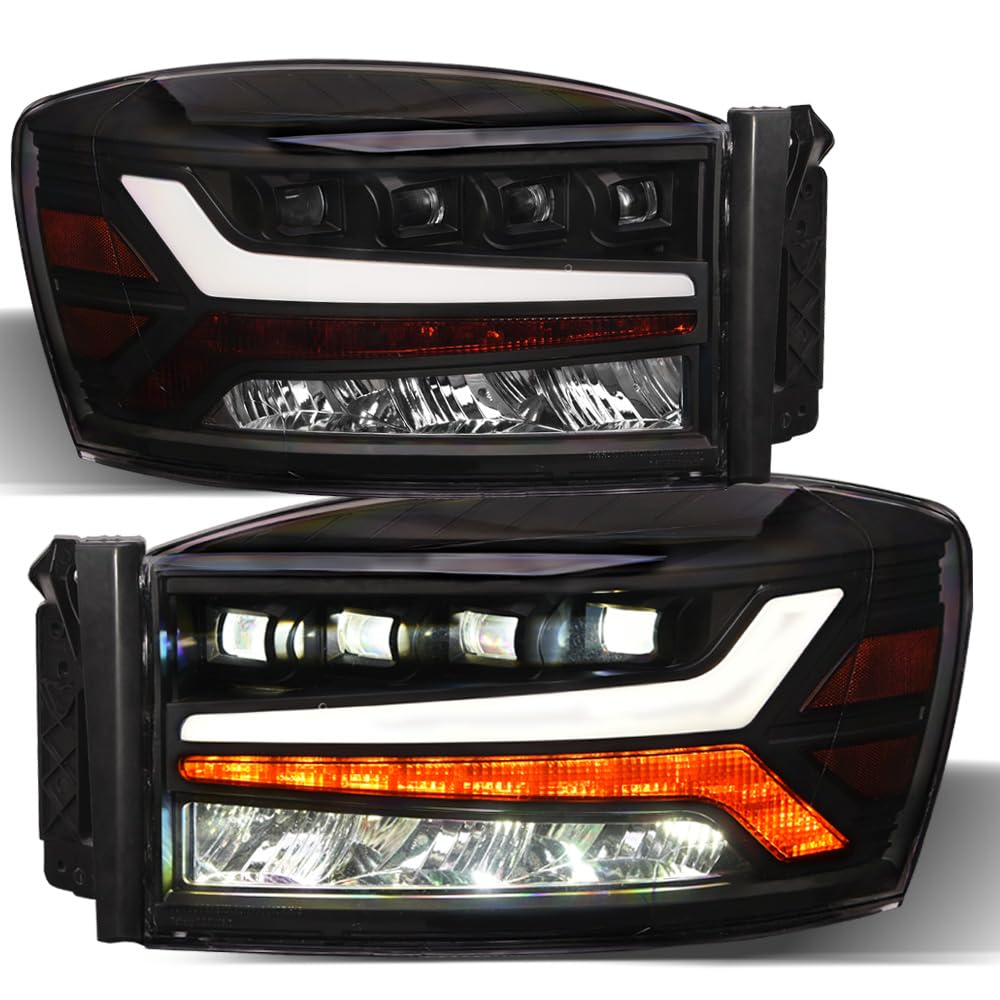 Topline_autopart Sequential Black Housing Full LED Quad Projector Headlights Signal Lamps Amber Reflector nb Compatible With 06-