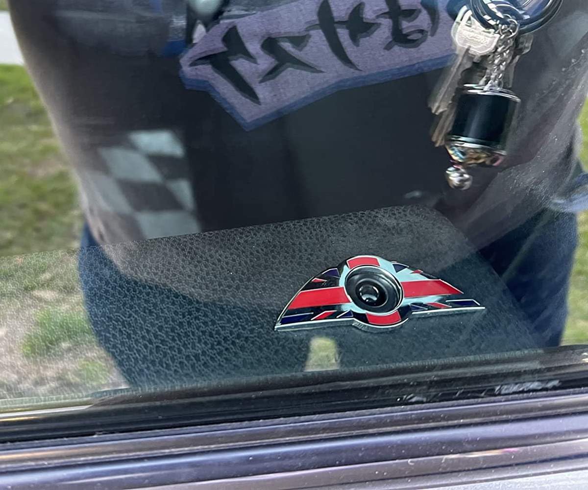 iJDMTOY (2) Union Jack Style Wing Emblem Rings Compatible with Mini Cooper R55 R56 R57 R58 R59 Door Lock Knobs, Red/Blue UK Flag Design (Does not fit R60 R61 nor F55 F56 Models)