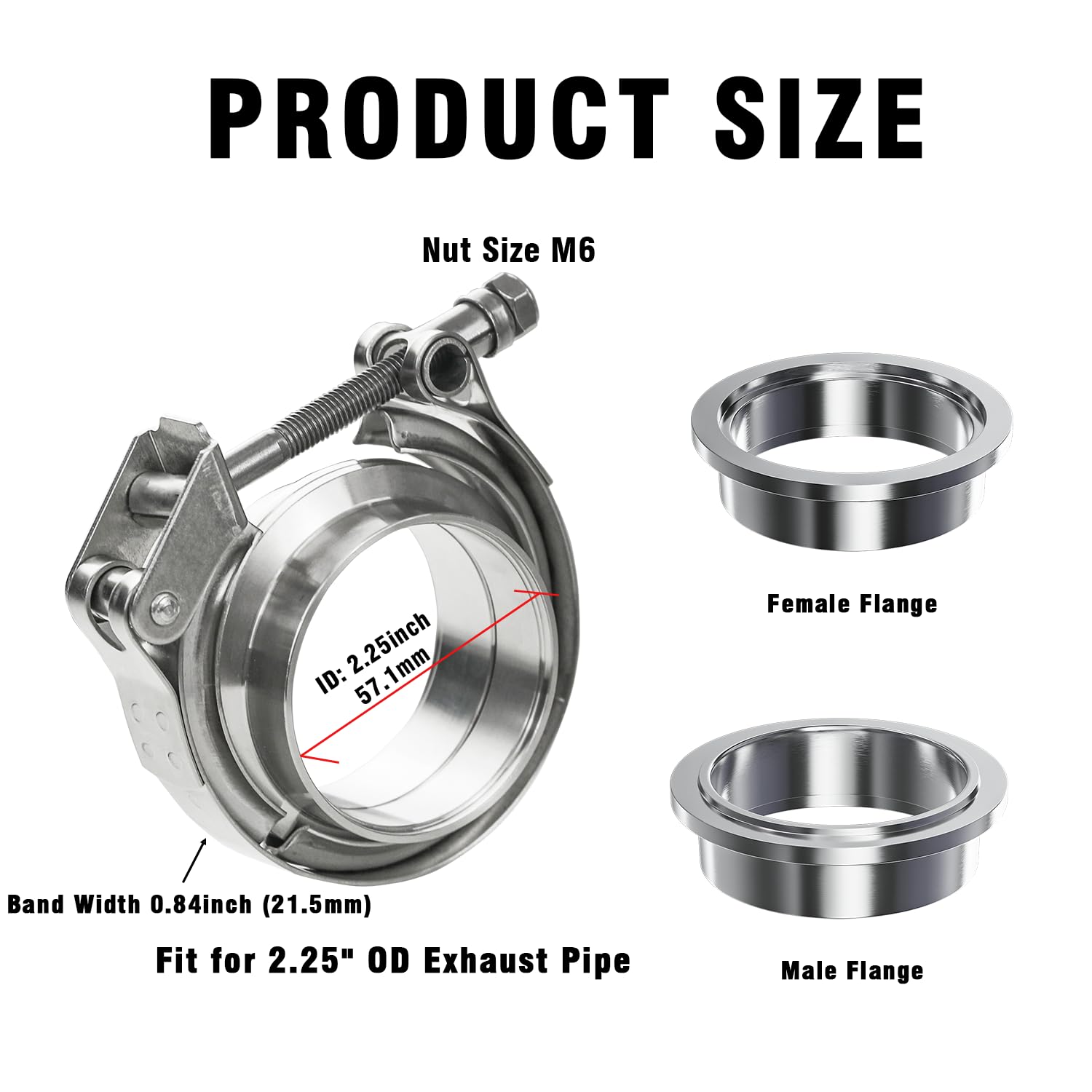 Wysiwyka 1Pc 2.25Inch 304 Stainless Steel Quick Release Exhaust V Band Clamp Kit With Female Male Flange