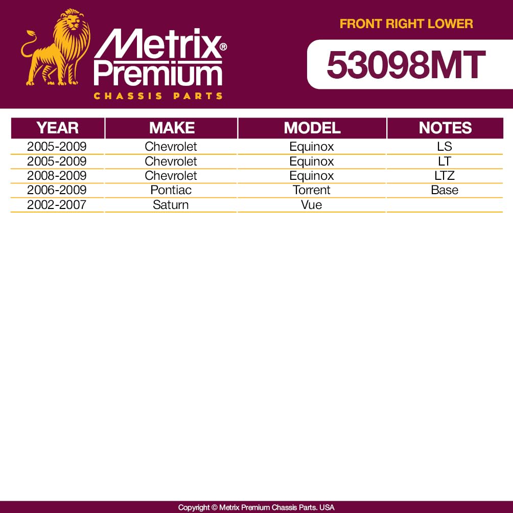 Metrix Premium Chassis Parts - Front Right Lower Control Arm W Ball Joint & Bushing Assembly Fits 05-09 Chevrolet Equinox, 06-09