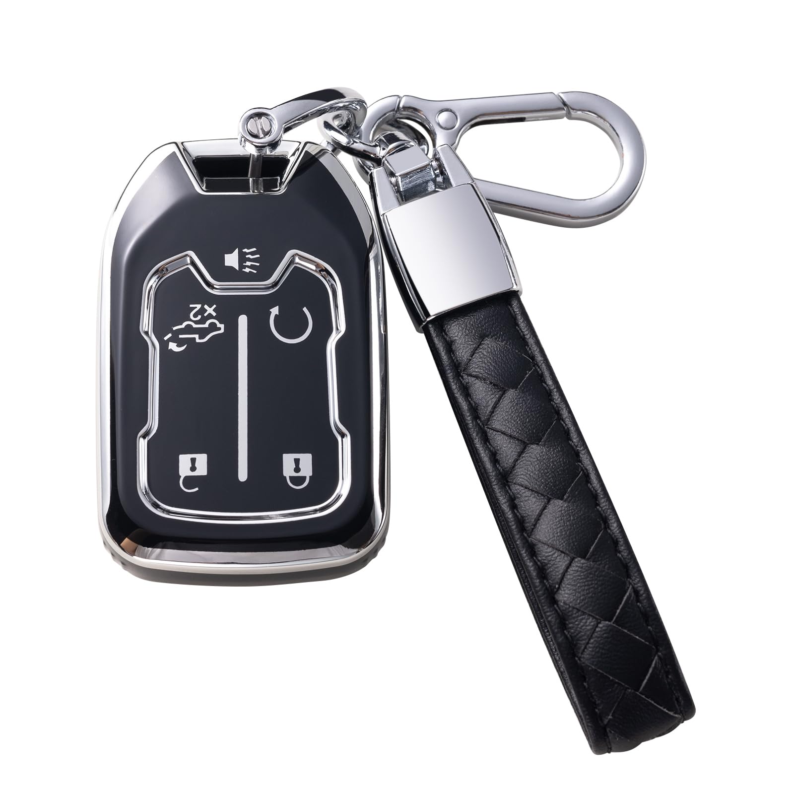 Chezenhui For Gmc Key Fob Cover With Leather Lanyard, Car Key Case Shell Protection For Terrain Acadia, Black