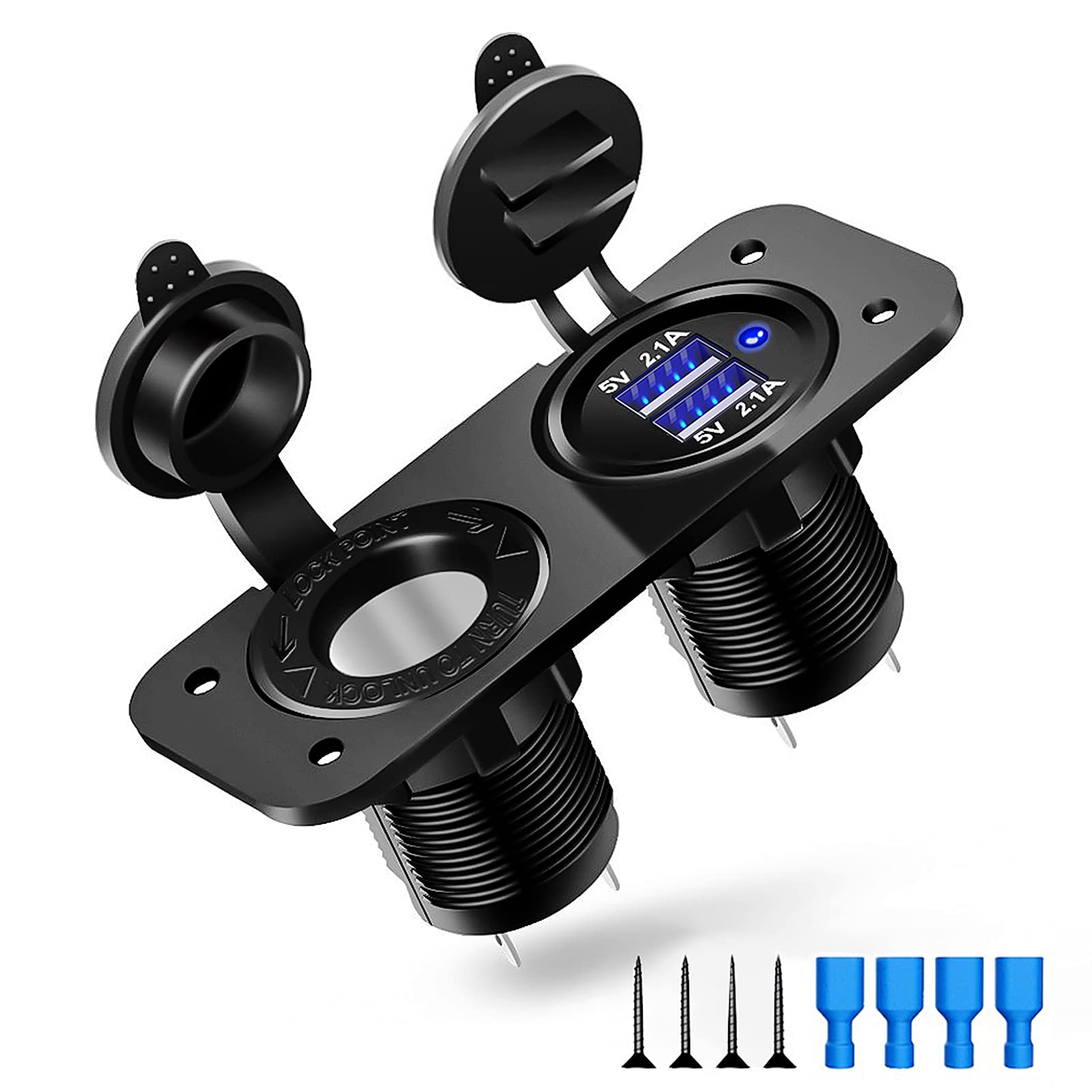 Electop Cigarette Lighter Socket Outlet Splitter, 12V Usb Outlet Usb Charger 12 Volt Socket Power Outlet With Led, Waterproof Po