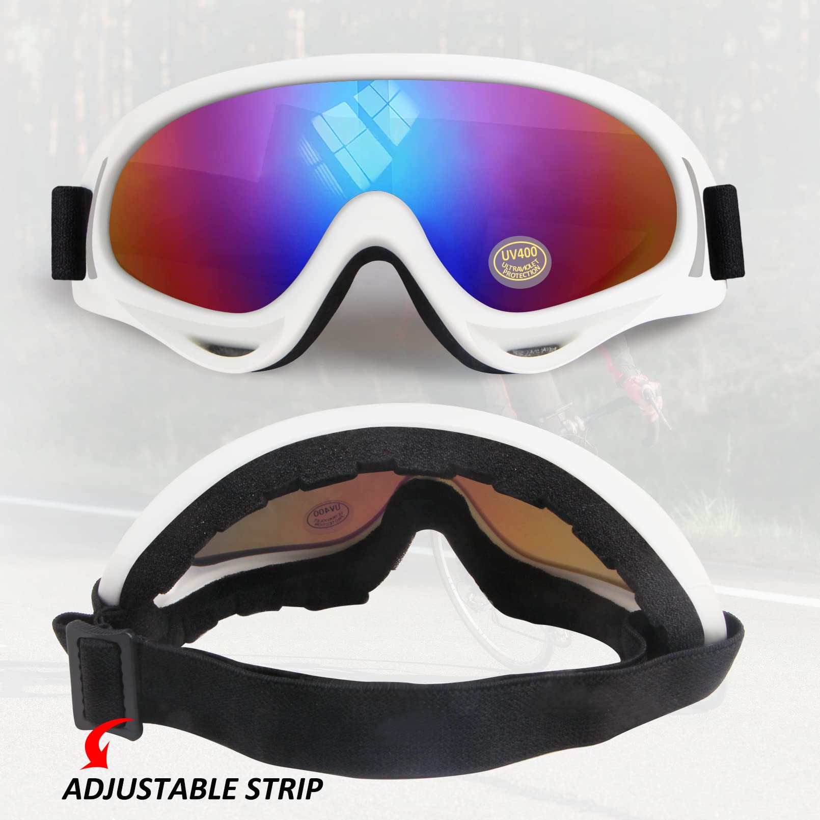 Motorcycle Goggles Kids, 2 Pack Dirt Bike Atv Motocross Goggles Ski Goggles, Off Road Riding Goggles For Child, Anti-Uv Dust Airsoft Glasses For Men Women Youth Adults (White+Black Frame/Color Lens)