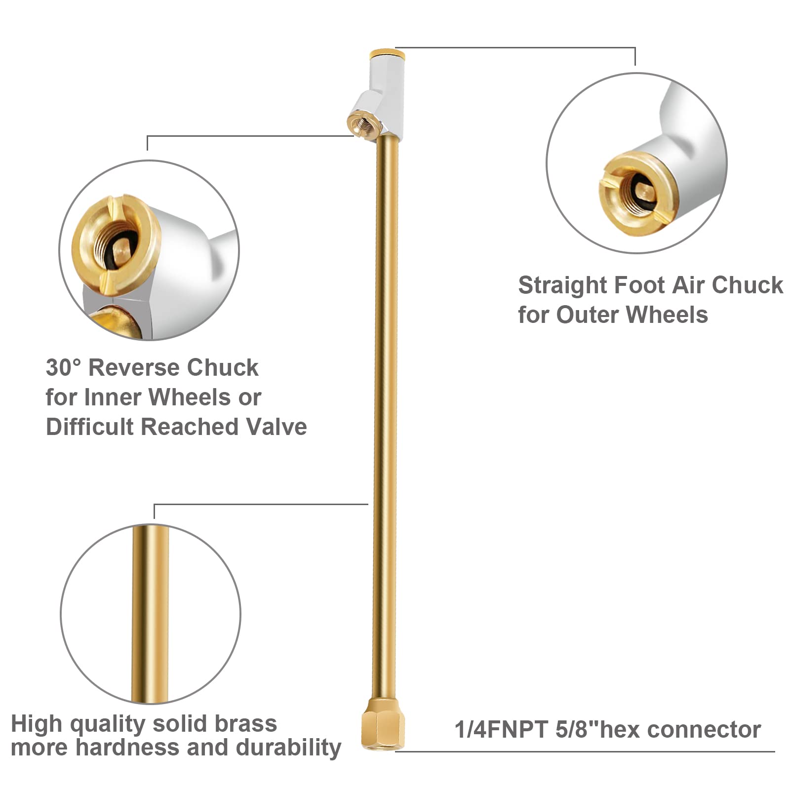 Godeson Air Chuck For Semi Truck, 1/4'' Fnpt 11.8'' Extended Reach Dual Head Brass Air Chuck With Brass Quick Plug, 2-Way Connec