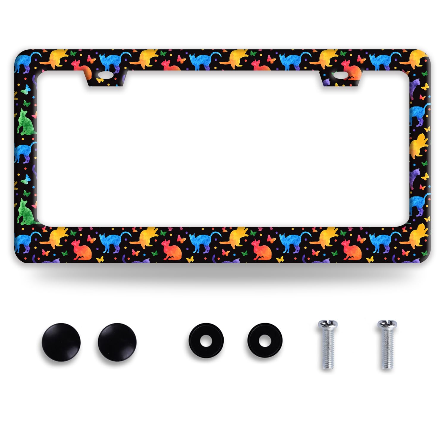 Colorful Cat License Plate Frame Cute Pet Butterfly License Plate Holder Funny Stainless Steel Accessories Cars Decor with 2 Hol