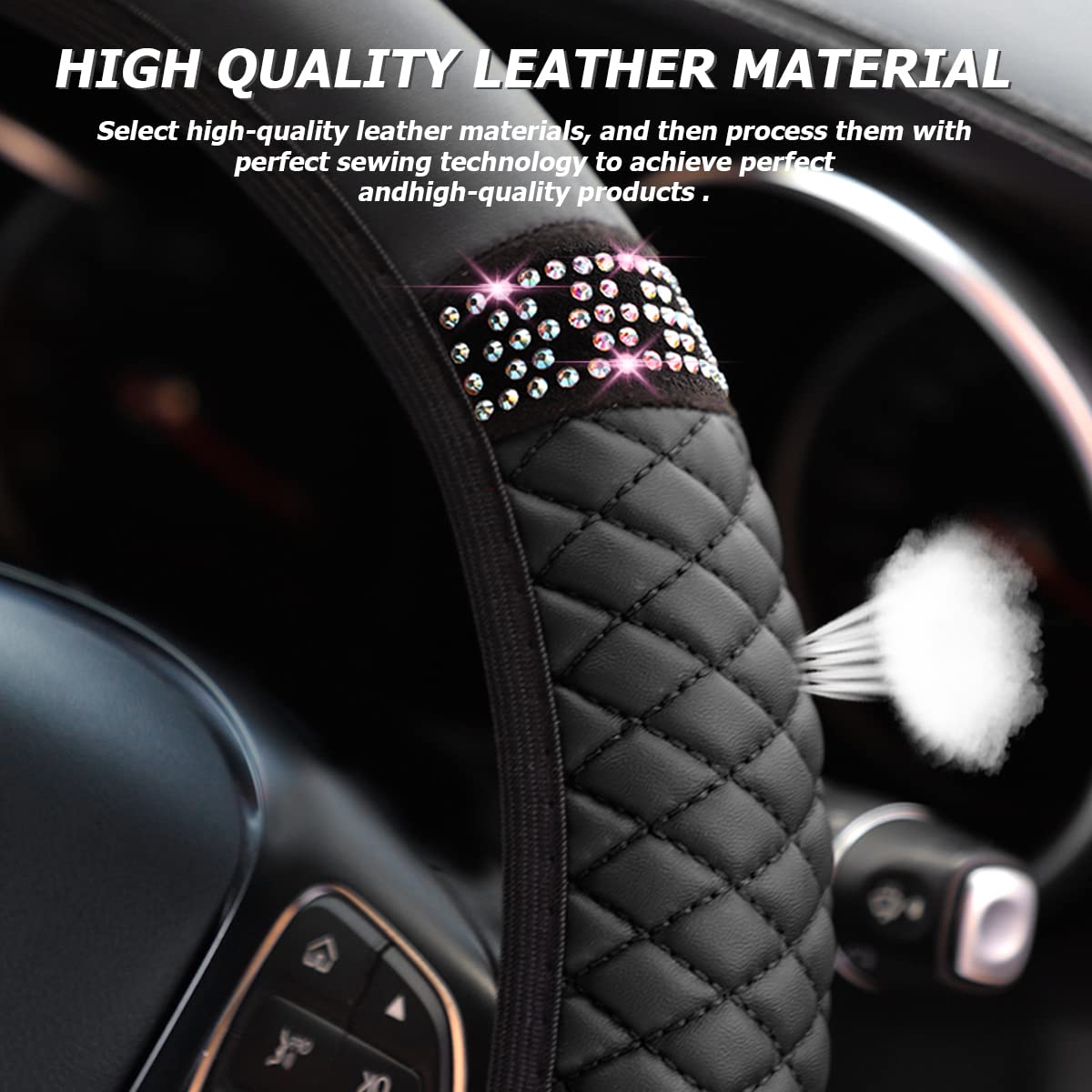 Bling Leather Steering Wheel Cover, Colorful Rhinestones Elastic Steering Wheel Protector, Pu Soft Leather With Crystal Diamond, Sparkling Car Accessories For Most Cars (Black)