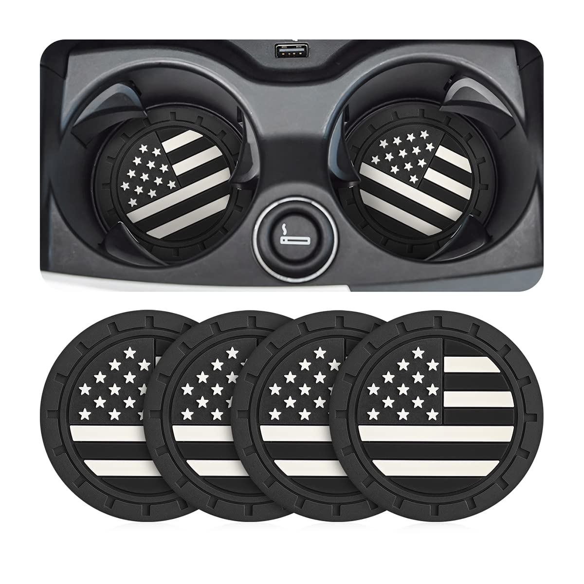 Auceli 4 Pack Car Cup Holder Coasters, American Flag Us Flag Insert Car Cup Coaster, 2.75 Inch Anti Slip Shockproof Embedded Dri