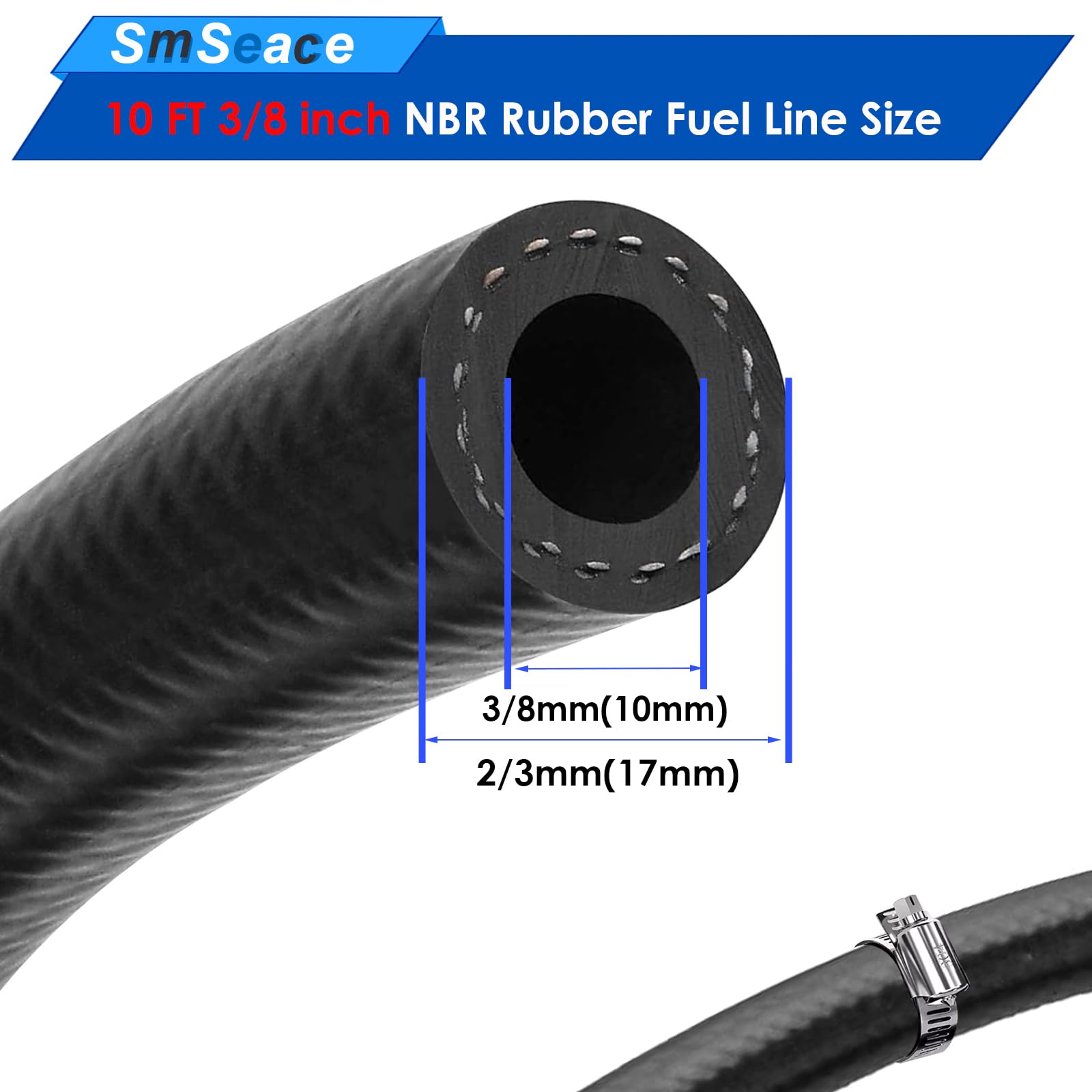 Smseace 3/8Inch(10Mm) Fuel Hose 10Ft 3/8 Fuel Line Hose With 10Pcs Hose Clamps Nbr Rubber High Pressure 300Psi Fuel Line For Sma