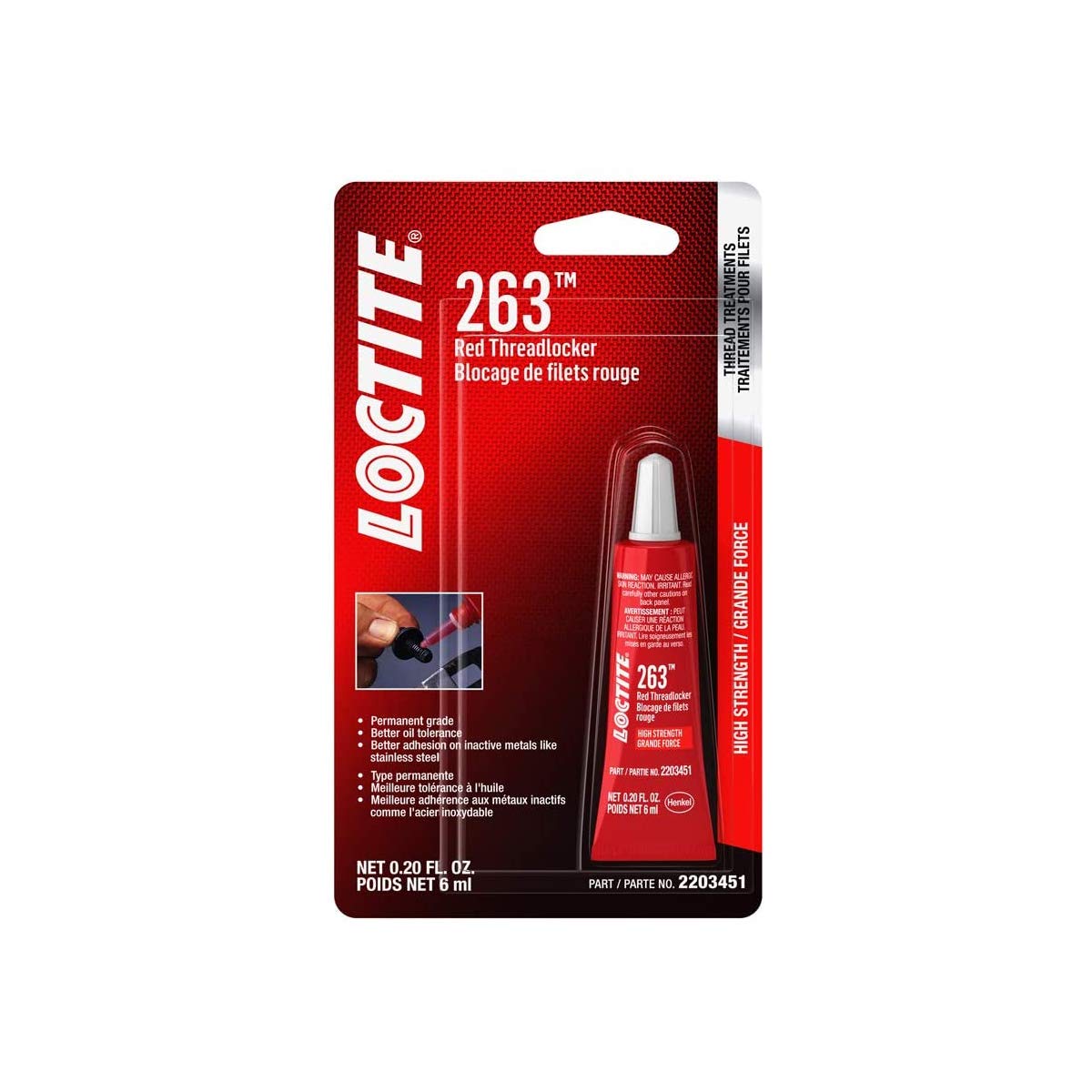 LOCTITE 263 Automotive Threadlocker Red - High Strength Thread Lock, General Purpose Applications, Oil Tolerant, Fluorescent - 6