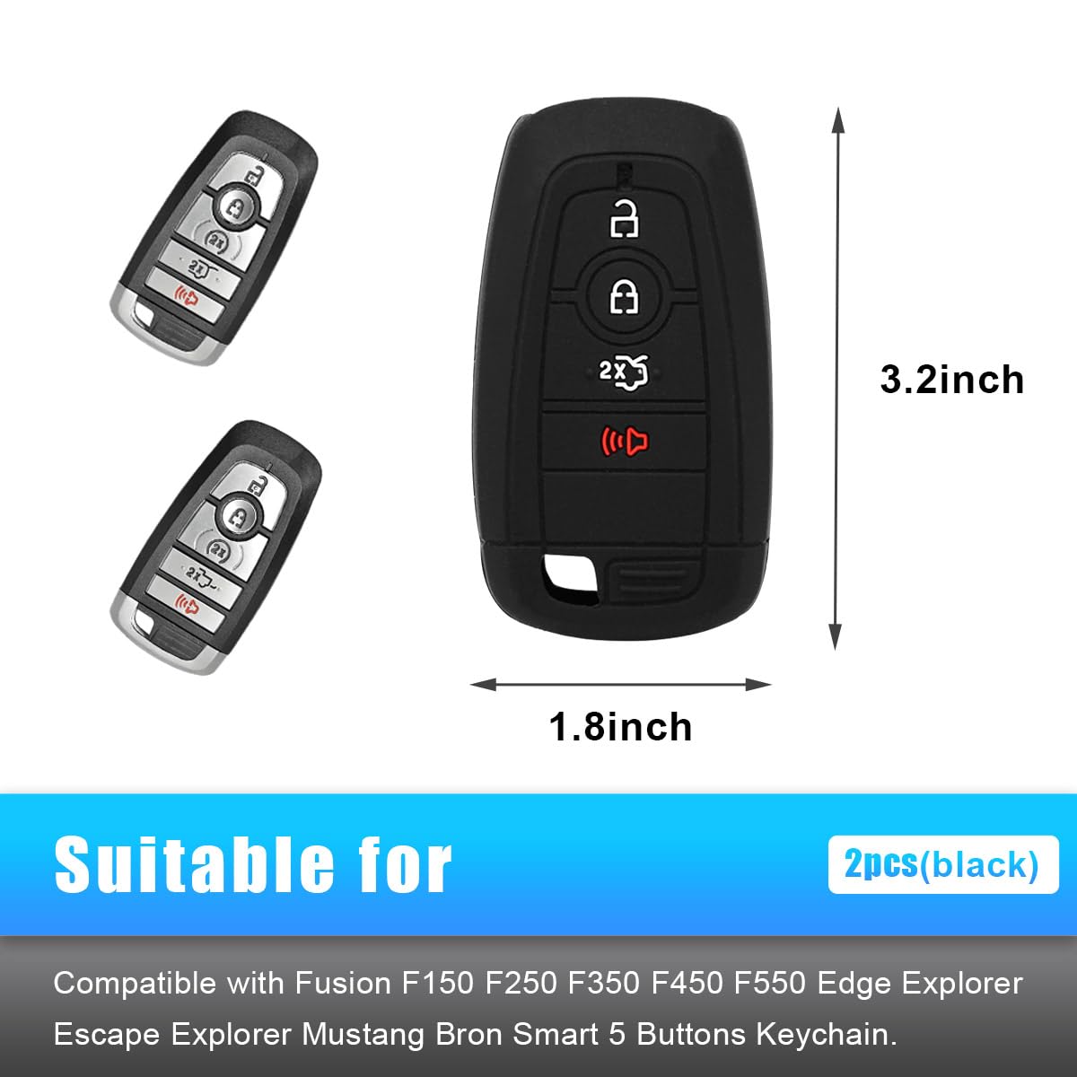 Suvnie 2 PCS Silicone Key Fob Cover, Smart 5 Button Key Fob Protection Case, Compatible with F150, F250, F350, F450, F550, Musta