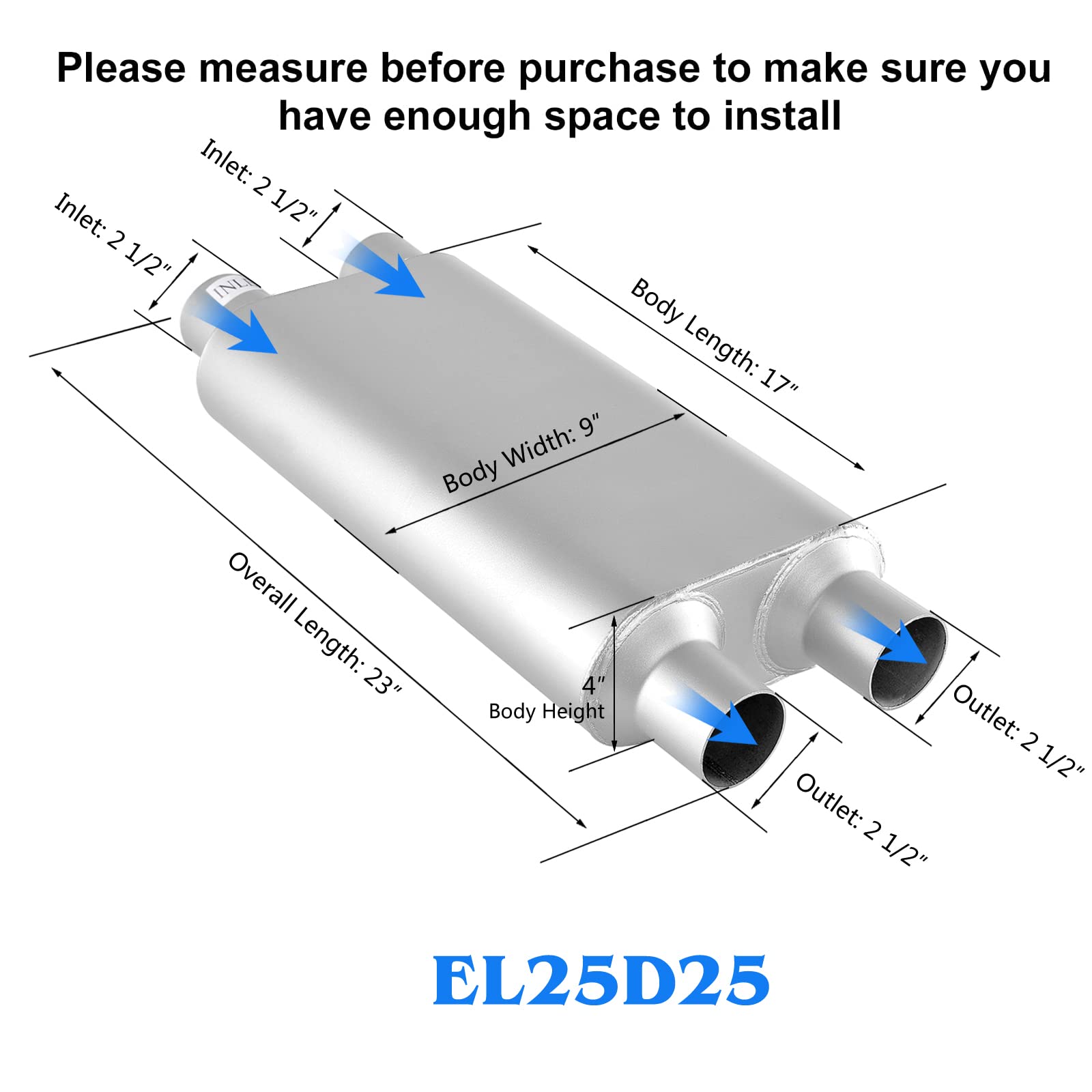 Universal Exhaust Muffler With Aggressive Sound,Mufflers 2.5 Inch Dul Inlet (Id) 2.5 Inch Dul Outlet (Id) 3 Chamber Performance
