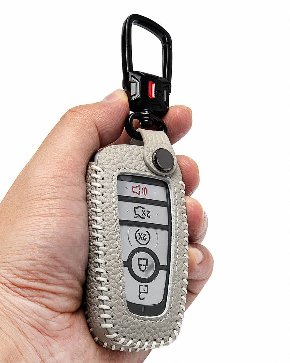 Yonufi For Ford Key Fob Cover With Keychain, Leather Keyless Entry Car Smart Key Case Protector Holder Compatible With 2017-2024 Bronco Escape Mustang Explorer F150 F250 F350 Fusion Edge (Gray)