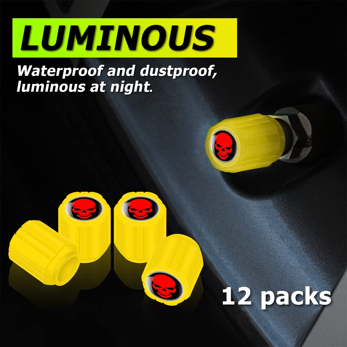 12Pcs Fluorescent Skull Tire Valve Stem Caps, Car Corrosion Resistant Wheel Valve Cover, Luminous Illuminated Skull Glow In The