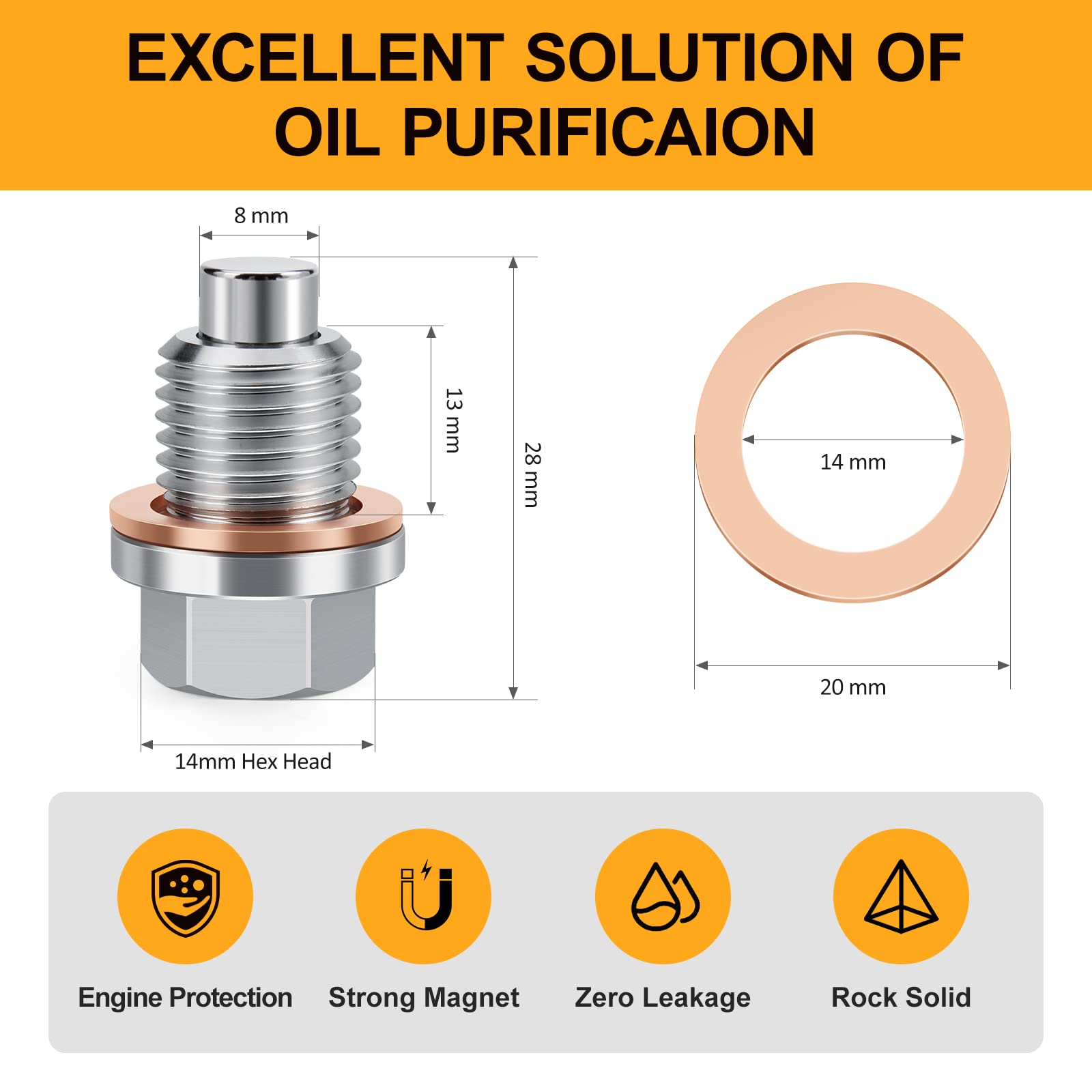 Tyfrozn M14 x 1.5 Magnetic Aluminum Oil Drain Plug Sump Drain Nut Bolt with Copper Gasket Crush Washer Compatible with Most Ford