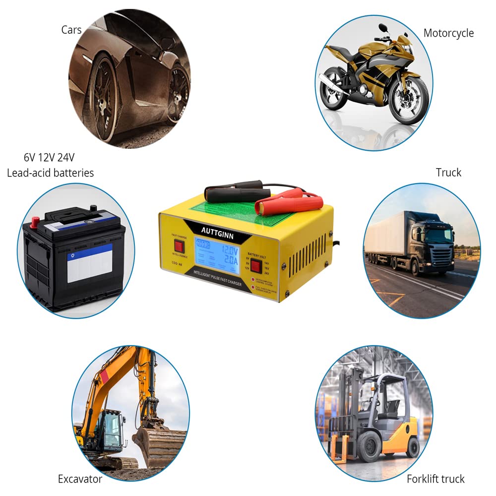 AUTTGINN 6/8/12/14/16/24V Battery Charger 0-10Amp Smart Adjustable Car Battery Charger with Upgraded Cable Clamps, Smart Trickle