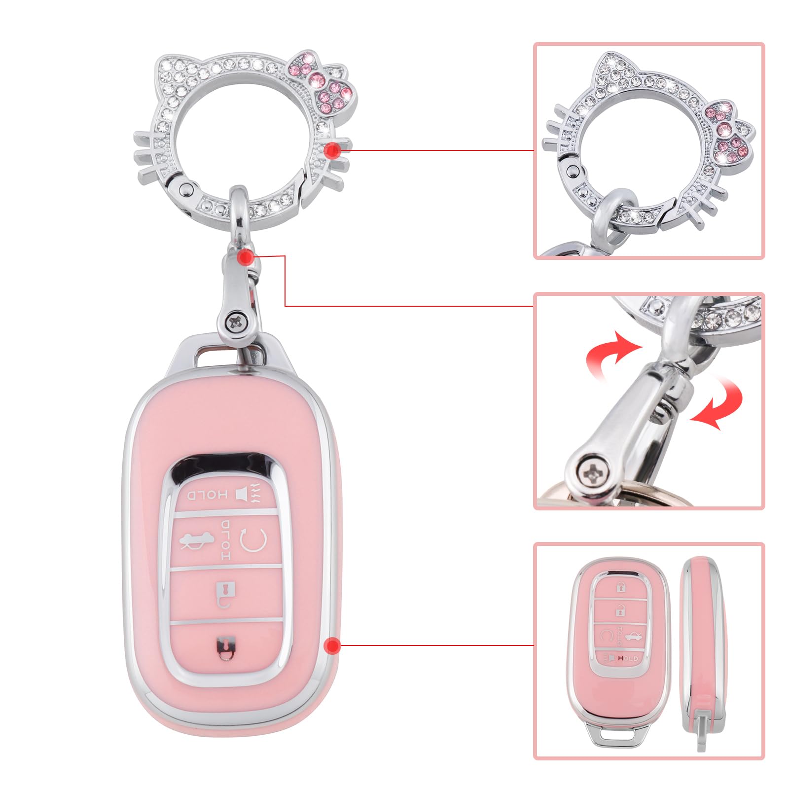 Pangpai Pink Key Fob Cover for Honda, Soft TPU Key Case Protection with Bling Keychain Fit for 2022 Honda Accord Civic CRV Pilot