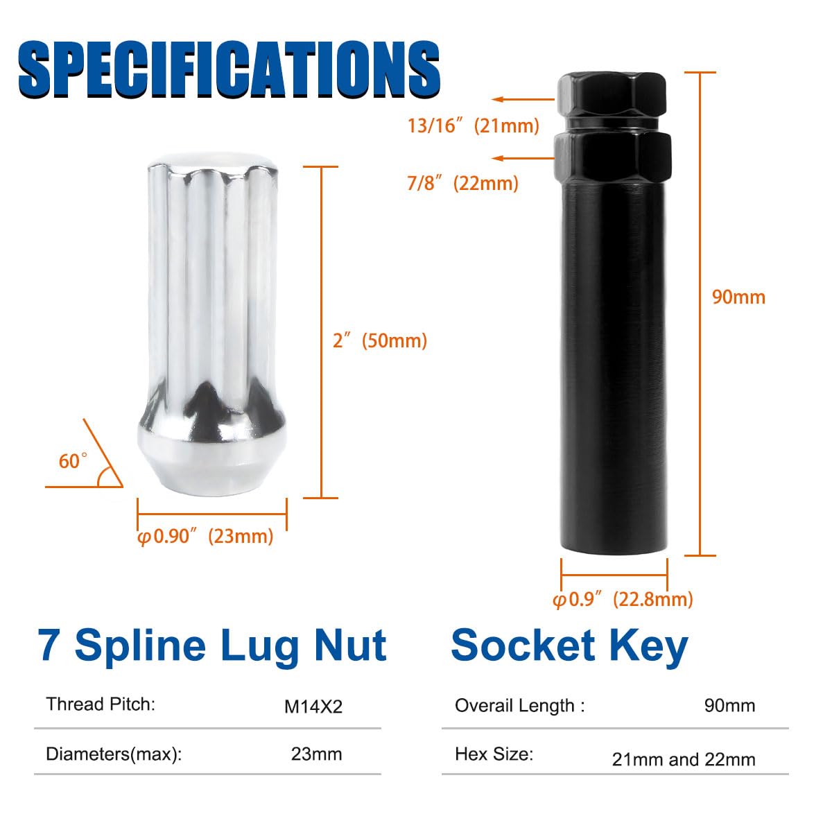 Gasupply 14X2 Chrome Lug Nuts, M14X2 Chrome Closed End 7 Spline Drive Tuner Acorn Lug Nuts For Aftermarket Wheels, 2 Inch 50Mm T