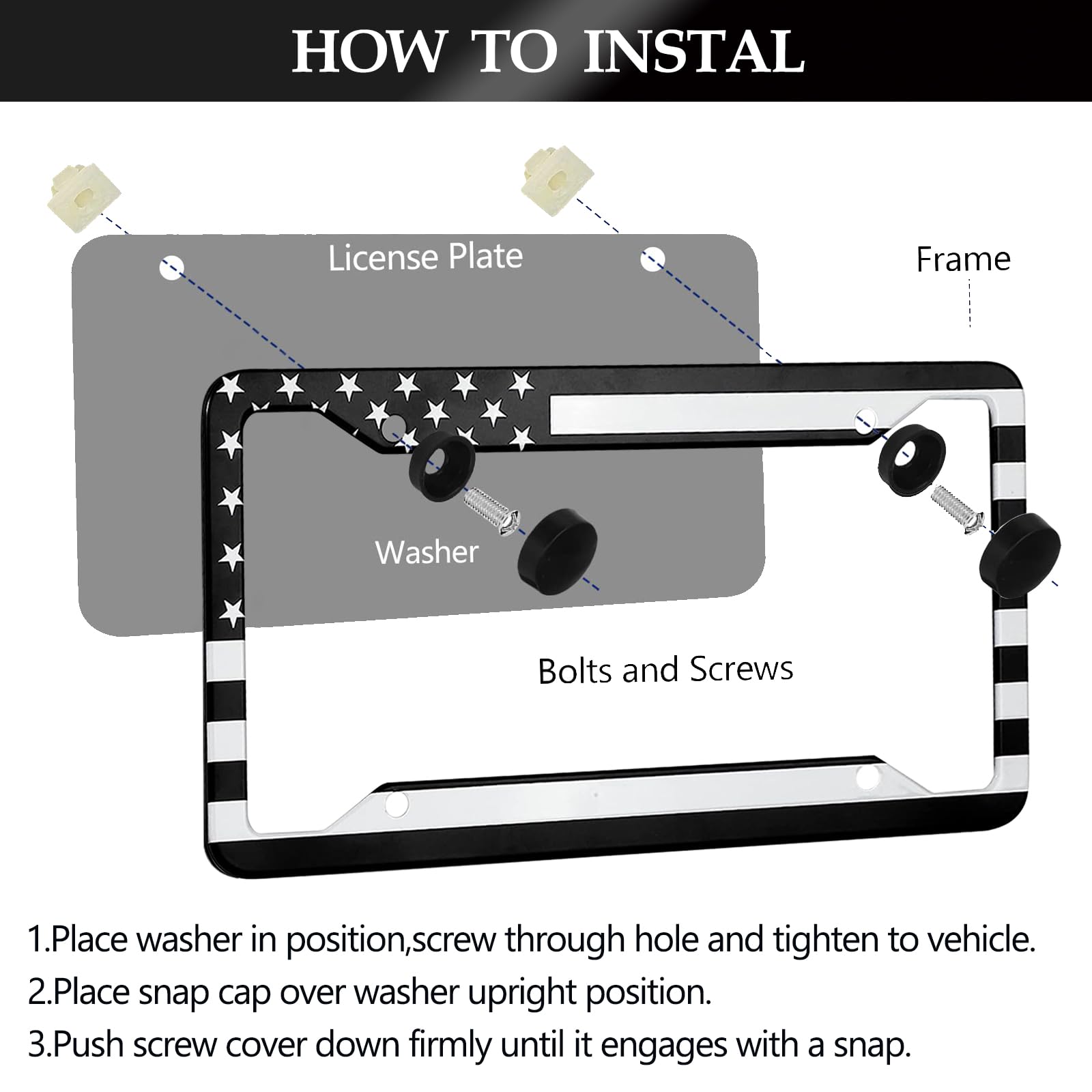 LIN KANG Black American Flag License Plate Frame - 2 PCS Patriotic US Flag Aluminum Metal License Plate Frames Holder Covers, Ru