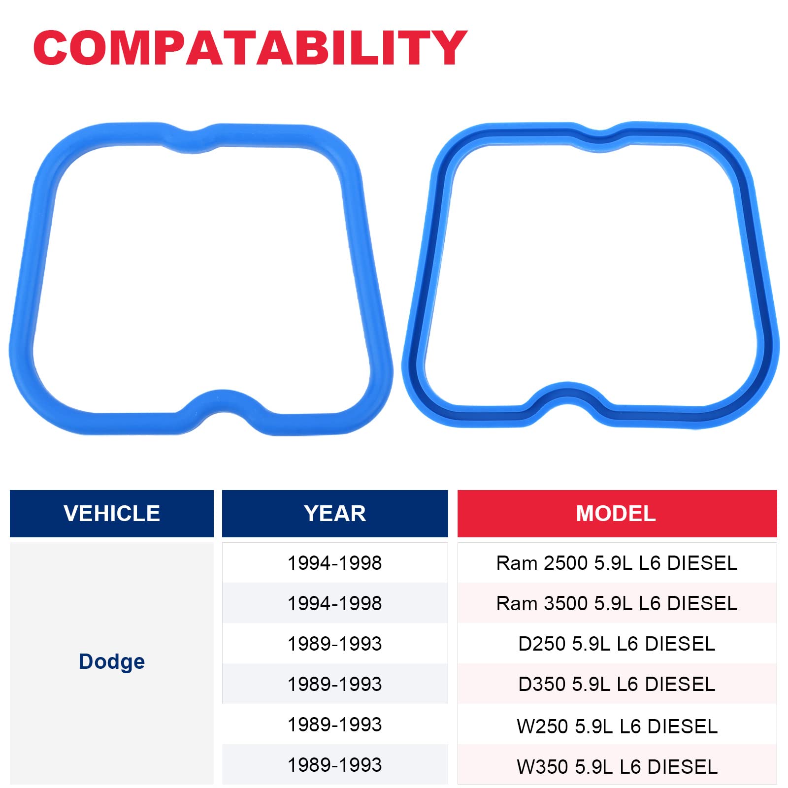 5.9 Cummins Valve Cover Gasket Seal Set (6Pcs) Fit For 1989-1998 Ram 2500 3500 D250 D350 W250 W350 Cummins 12V 6B 6Bt 5.9L Replaces# 3902666 Vs50396R1