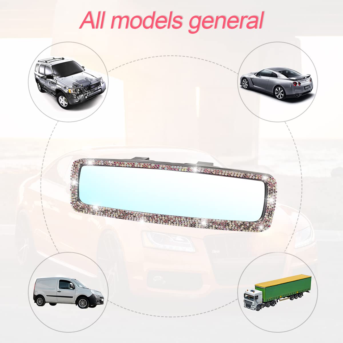 Bling Car Rear View Mirror, Rhinestones Crystal Clip-On Rearview Mirror With Hd Glass, Compatible With Most Cars, Suvs, Vehicles