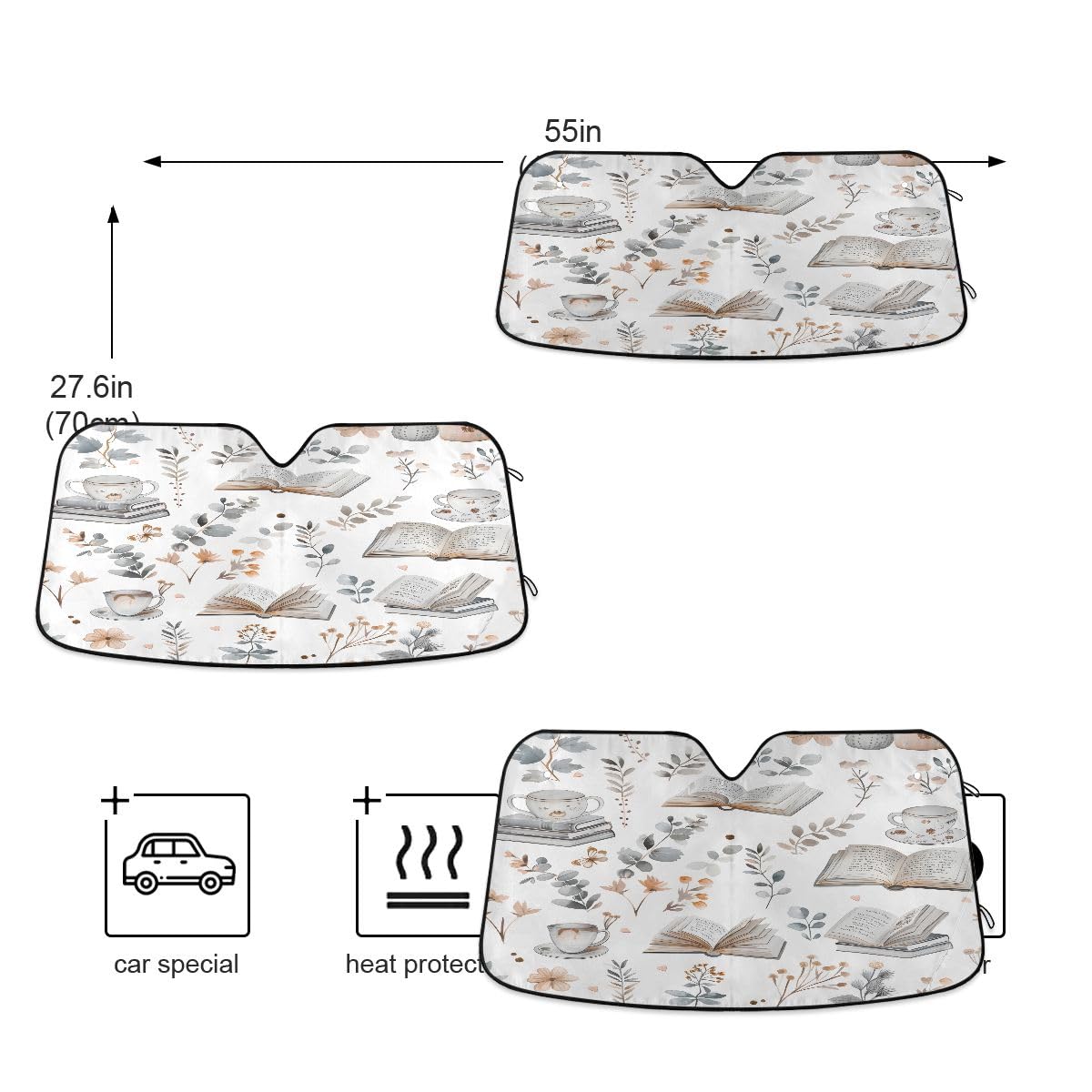 Car Windshield Sunshade Books And Cute Cozy Things Pattern, Blocks Sun Visor Protector Foldable Sun Shield Keep Your Vehicle Coo