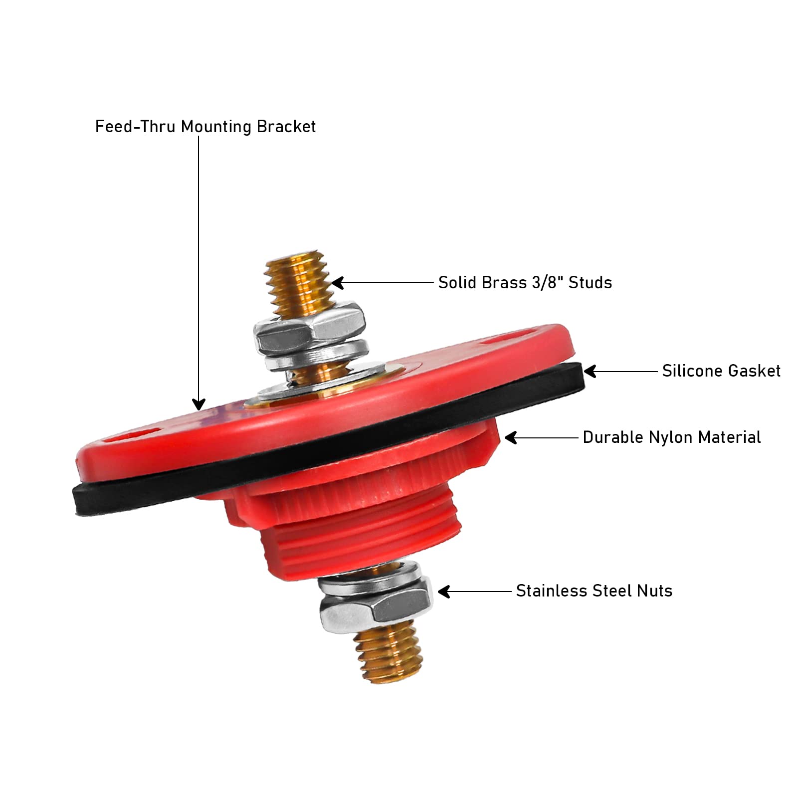 Recoil Bttp-38 Premium High Current 3/8    Feed-Thru Panel Battery Terminal Connectors With Silicone Terminal Covers, Red & Blac