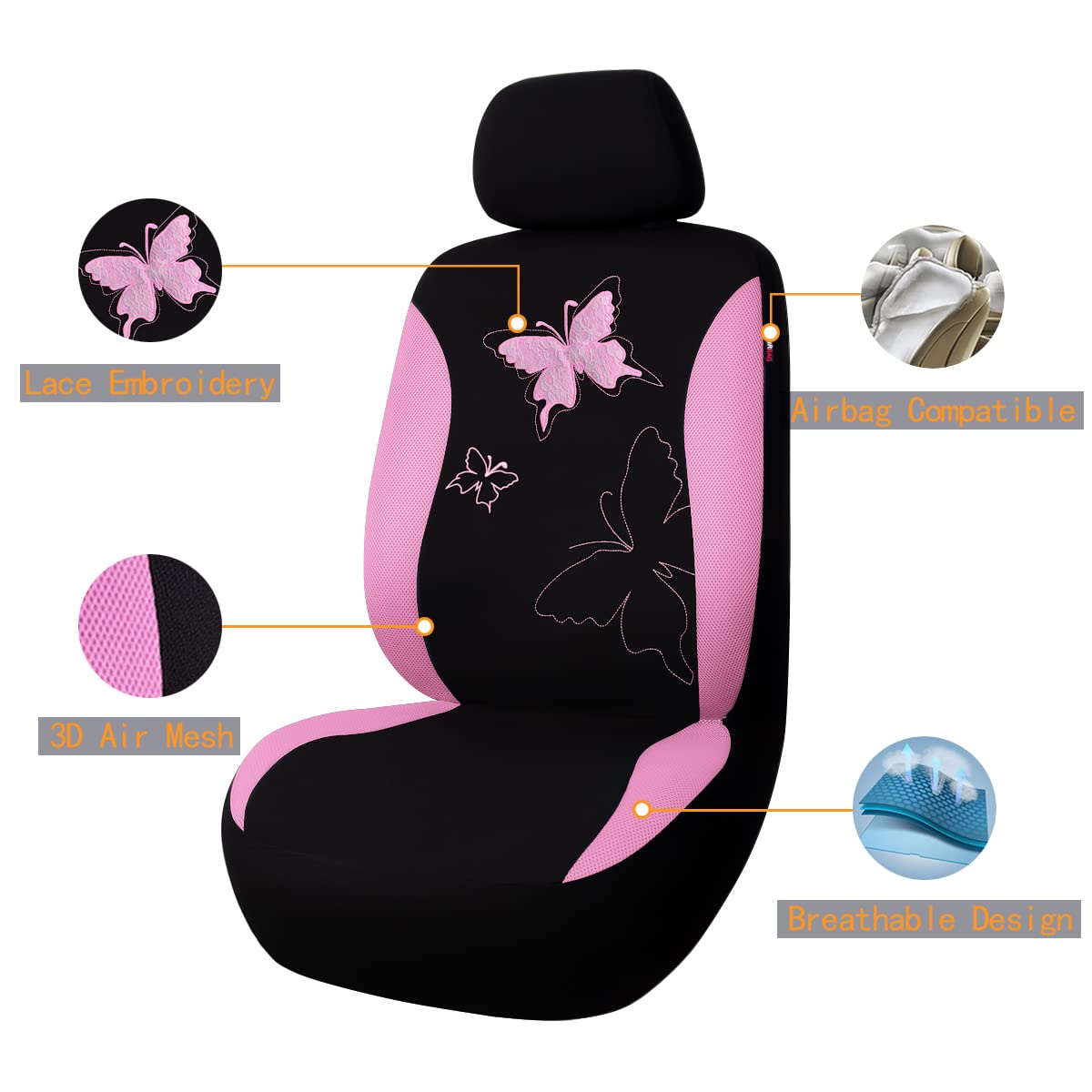 Flying Banner Butterfly Car Seat Covers Ful Set Fashion Universal Lady Woman Female Rear Bench Split Colorized (Pink, 2 Fronts -- Lace)