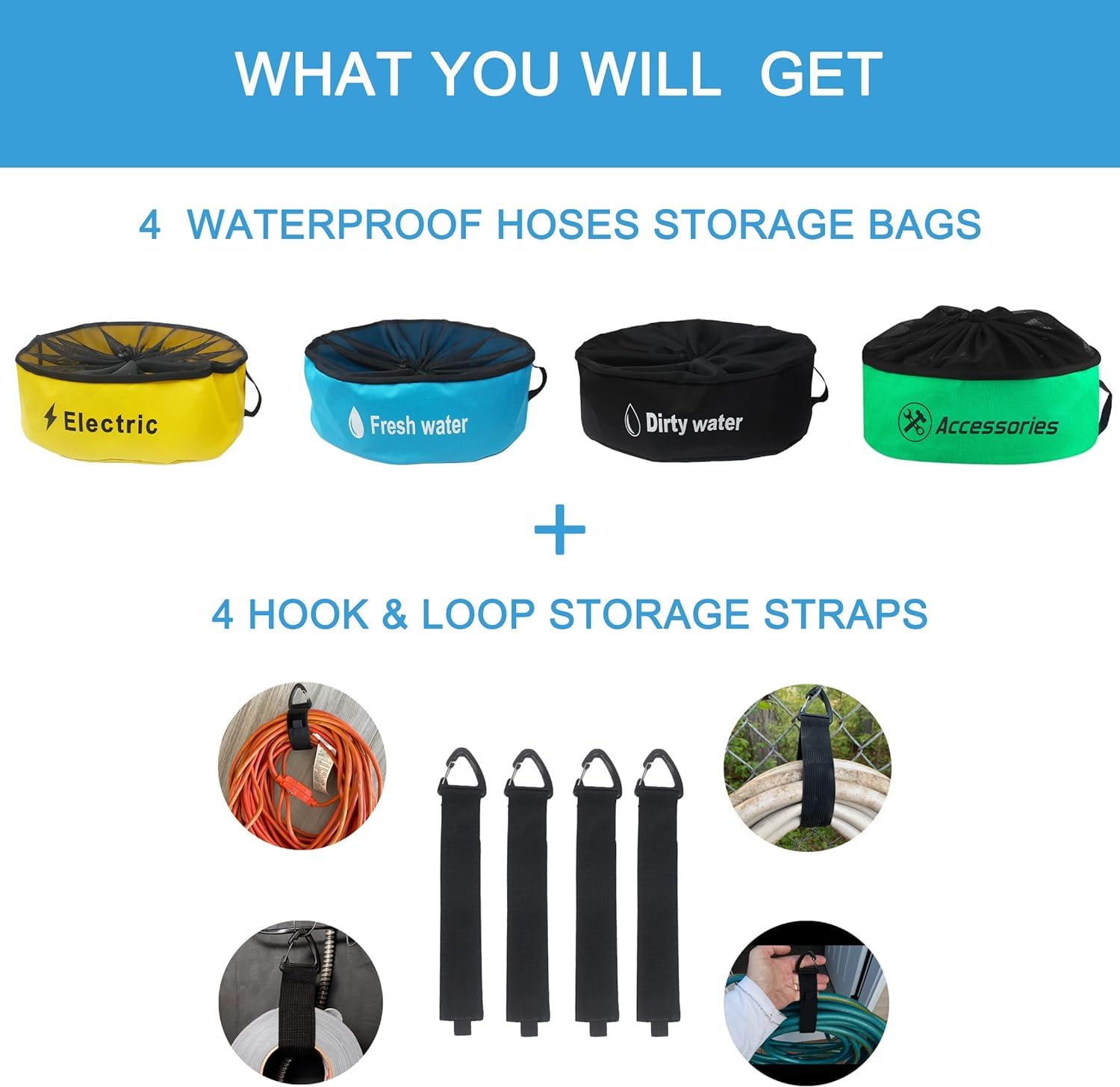4-Pack Waterproof Rv Hose Storage Bags - Utility Bag For Fresh/Black Water Hoses, Electrical Cords & Accessories