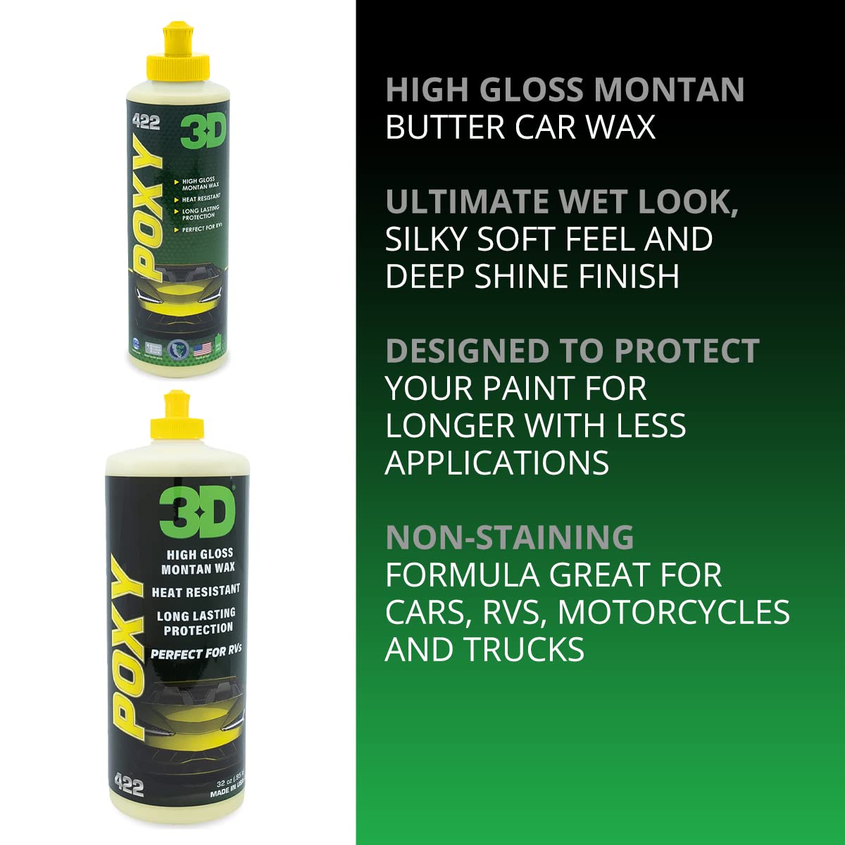 3D Poxy Montan Butter Car Wax - 16Oz - High Gloss, Non-Staining Car Wax Sealant With Long Lasting Protection - For Cars, Rvs, And Boats - Silky Soft Feel, Deep Shine, Wet Look