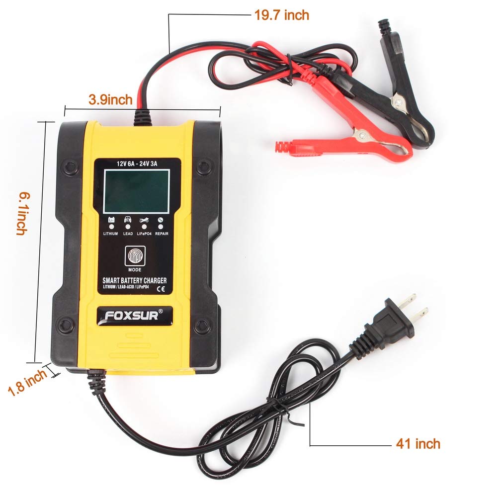 Ieik 12V/6A Battery Charger Automotive 7-Stage Multifunction Smart Charger Maintainer 24V/3Afor Car, Truck, Motorcycle, Lawn Mower, Boat, Atv, Lithium/Lifepo4/Lead-Acid/Deep Cycle Battery Charger