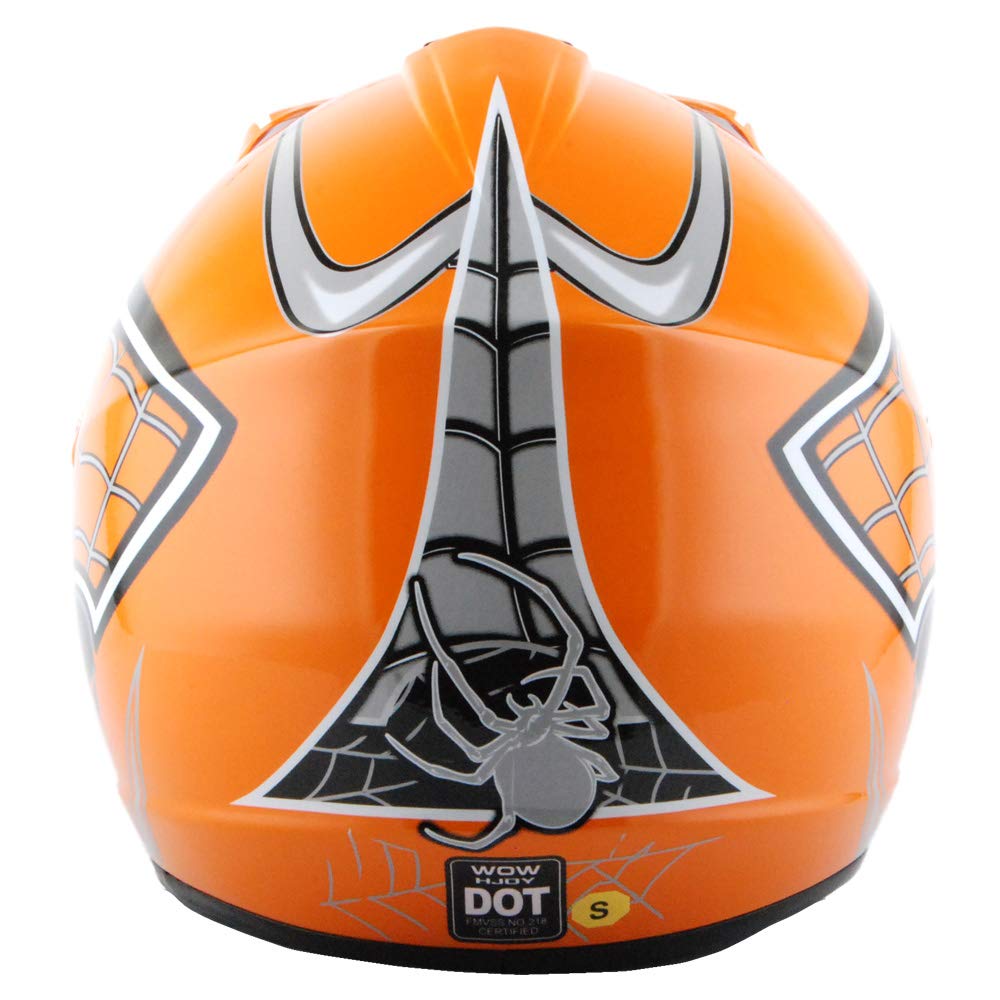 Wow Youth Motocross Helmet Bmx Mx Atv Dirt Bike Helmet Spider Web Orange + Goggles + Martian Skull Orange Glove Bundle