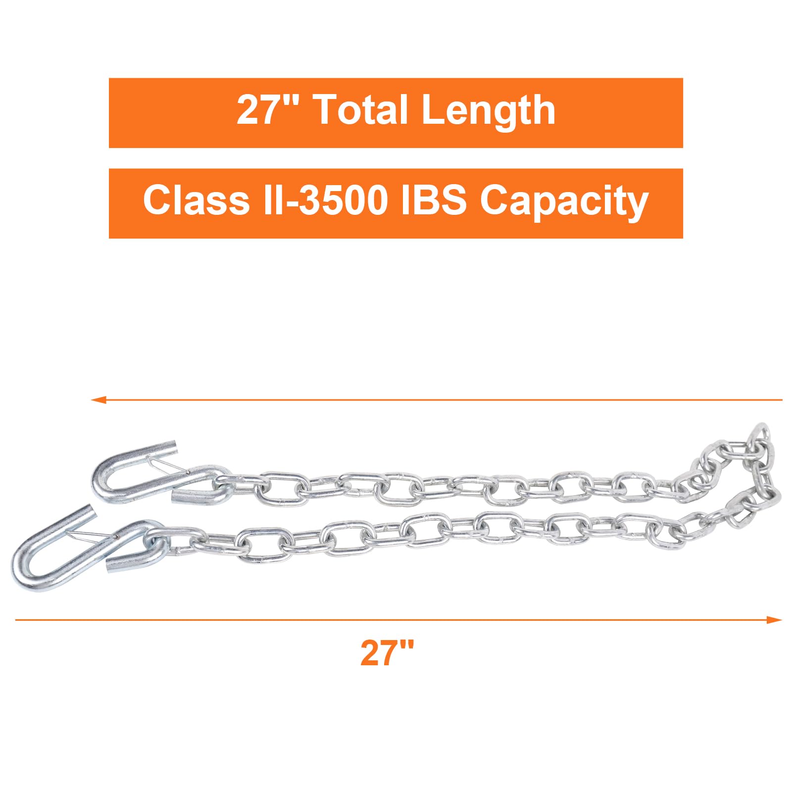 Teukriga 3/16'' X 27'' Grade 30 Steel Boat Trailer Safety Chain With Spring Clip Hooks 35,00 Lbs, 2 Pcs (3/16'' X 27'')